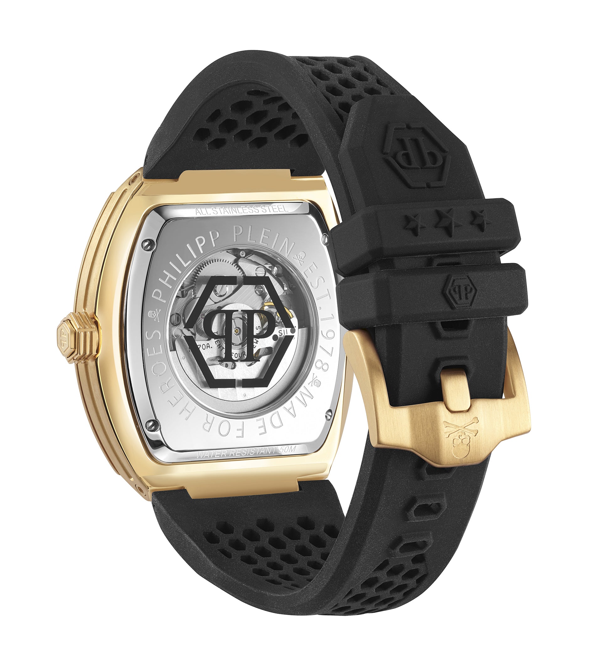 Die Philipp Plein Armbanduhr - The Golden $keleton zeichnet sich durch Gold- und Silbertöne, ein schwarzes, perforiertes Armband und ein sichtbares mechanisches Innenleben aus und ist von der Skeleton-Kollektion inspiriert.