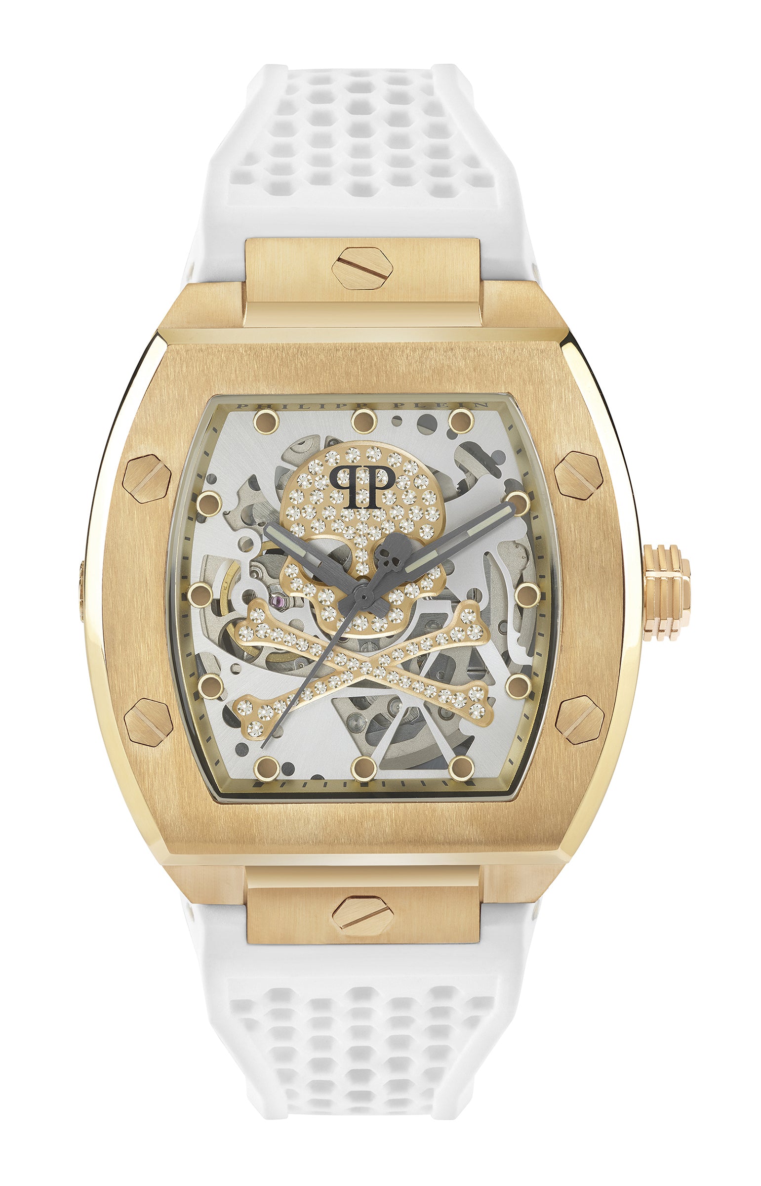 Philipp Plein Armbanduhr im Tonneau Shape mit teilskelettiertem silbernem Zifferblatt mit goldenem glassteinbesetztem Totenkopf- und Knochenmotiv, goldenem Gehäuse und weißem Edelstahlband Produktbild