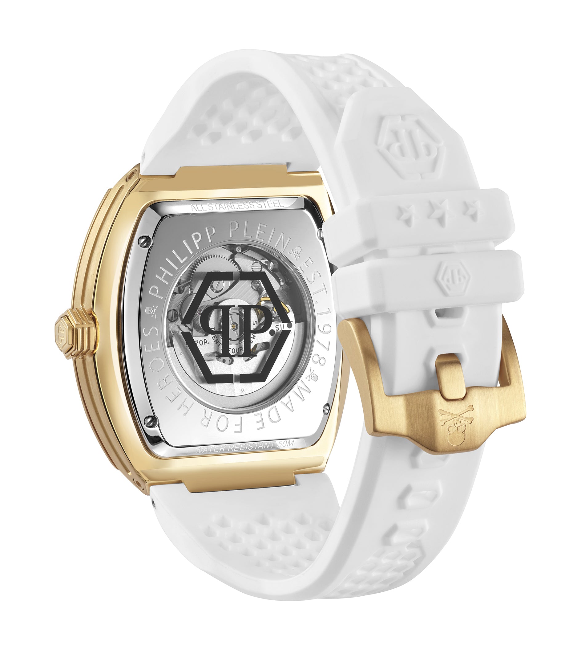 Rückansicht der Philipp Plein Armbanduhr - The White Golden $keleton mit weißem Armband, goldenen Details, eingravierten Markierungen und einem transparenten Gehäuse.