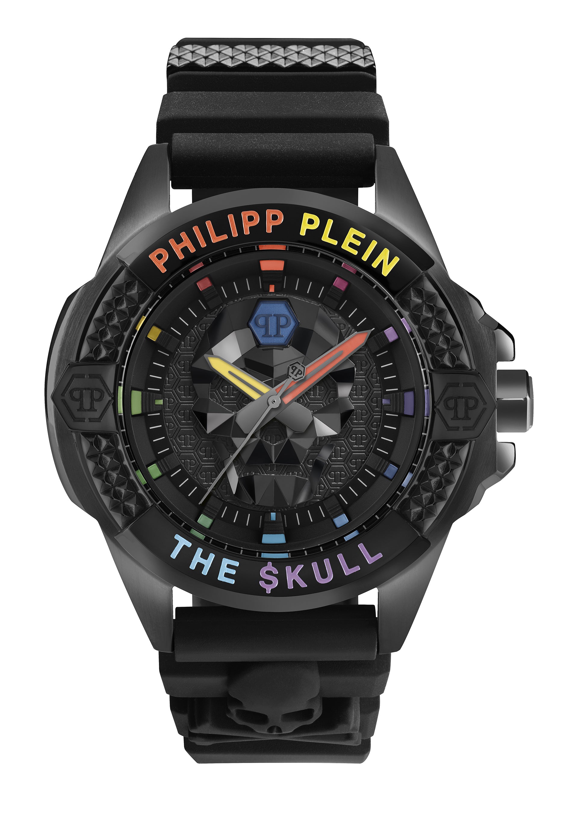 Die Philipp Plein Armbanduhr - The Bold Color $kull ist mit einem strukturierten Totenkopf und einem regenbogenfarbenen Schriftzug auf der Lünette ausgestattet und stammt von der Kultmarke Philipp Plein.