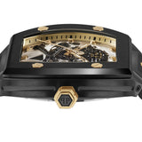 Seitenansicht der Philipp Plein Armbanduhr - The Black $keleton, einer Herrenuhr im schwarz-goldenen Design mit skelettiertem Zifferblatt und sichtbarem mechanischem Uhrwerk.