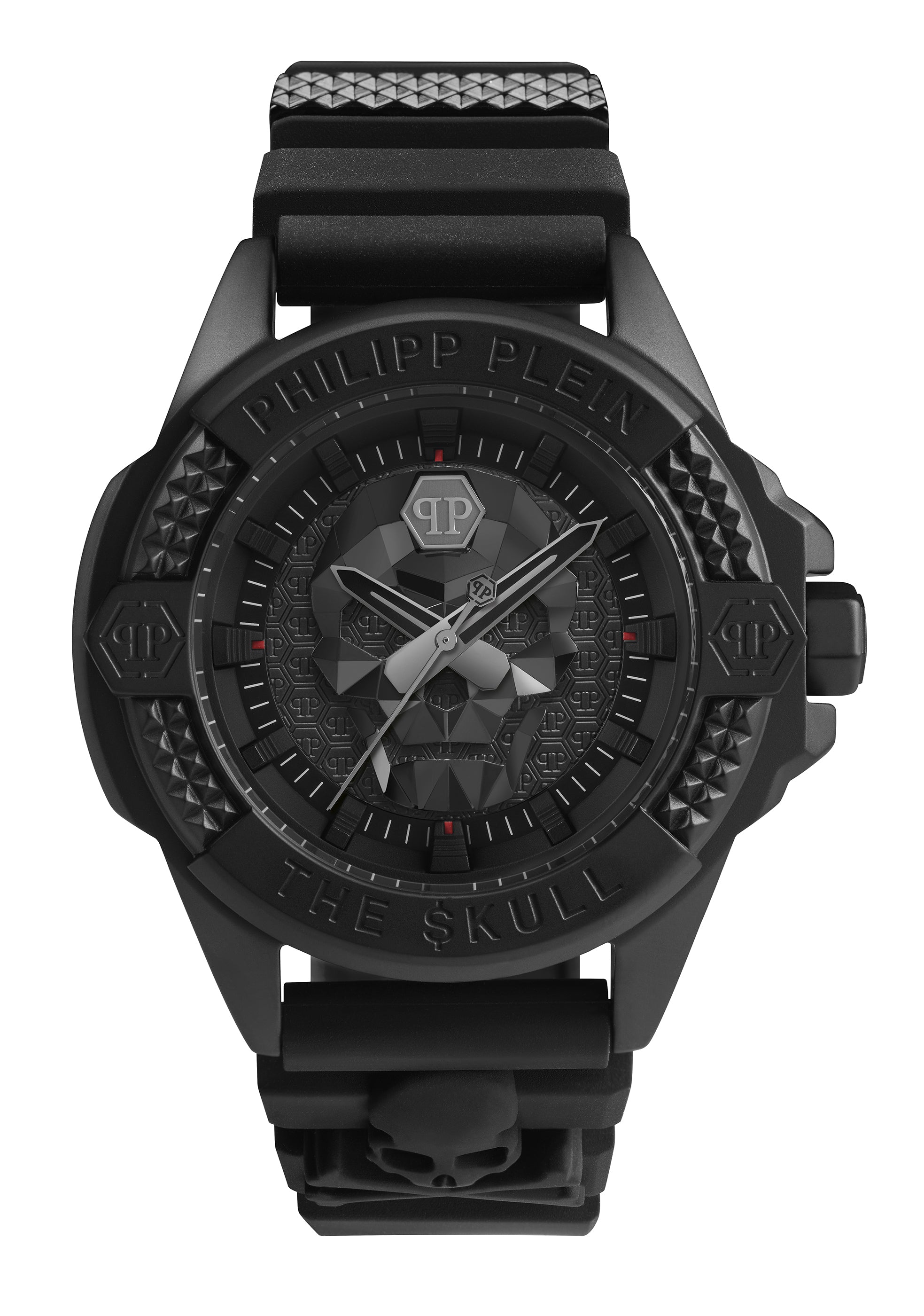 Philipp Plein Armbanduhr - Die Solid Black $kull zeigt ein geometrisches Totenkopfdesign auf der Vorderseite und ein strukturiertes schwarzes Band von Philipp Plein.