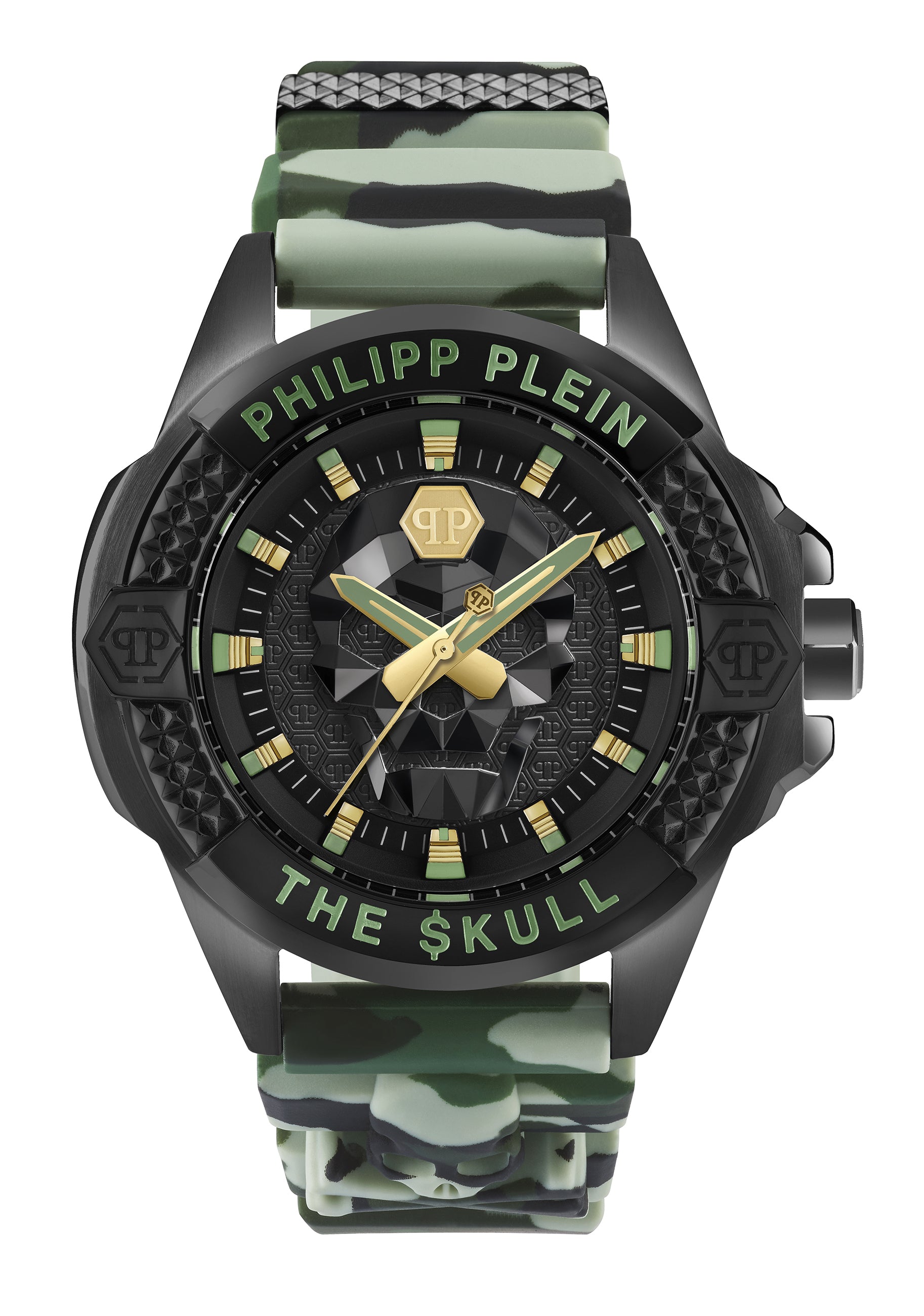 Die schwarz-grüne Philipp Plein Armbanduhr - The Camouflage $kull aus der Skull-Kollektion der Marke zeigt den Schriftzug THE $KULL und ein auffälliges Totenkopf-Design auf der Vorderseite.
