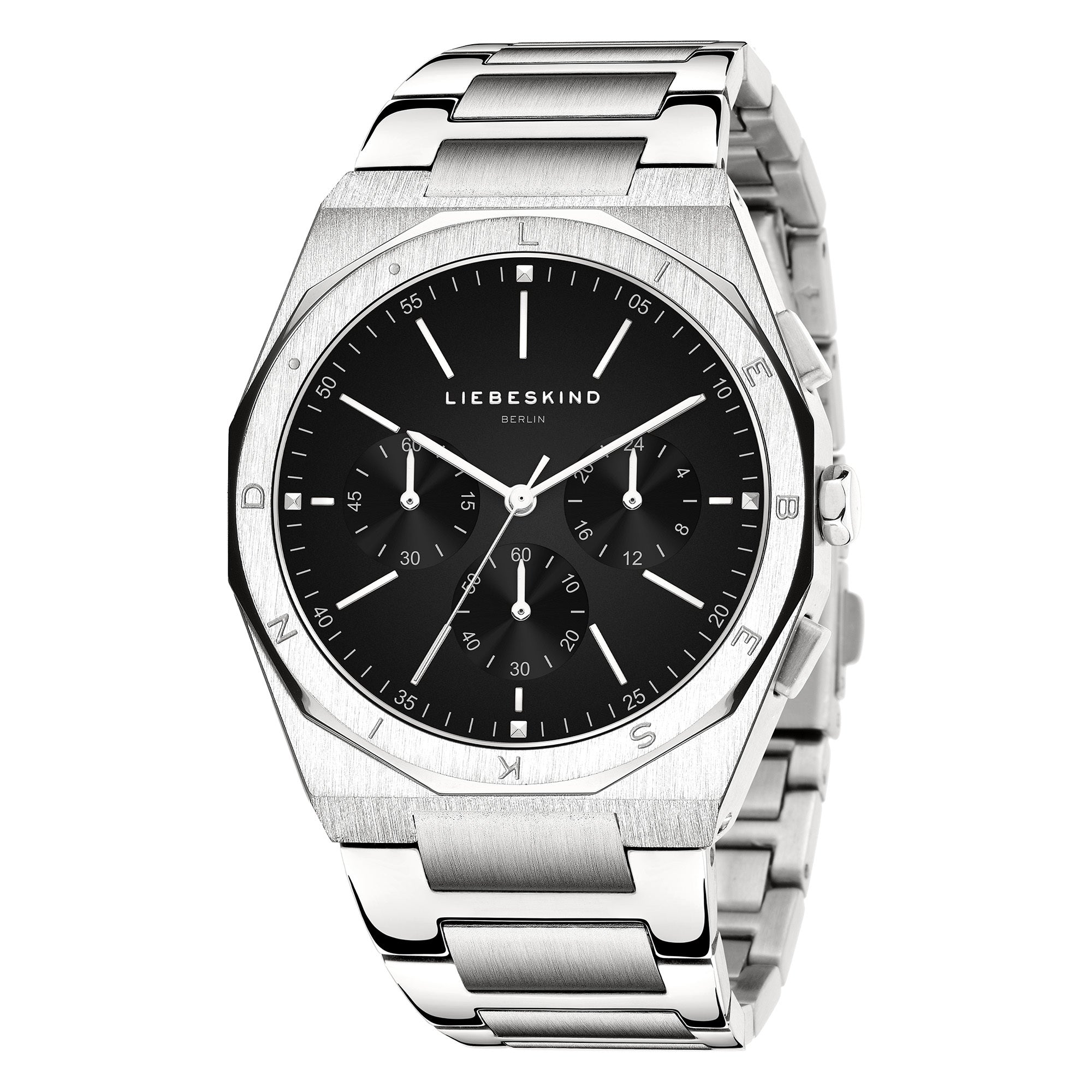 Liebeskind Berlin Armbanduhr mit schwarzem Zifferblatt, silbernem Gehäuse mit Topring, silbernem Edelstahlband und Chronographenwerk Produktbild