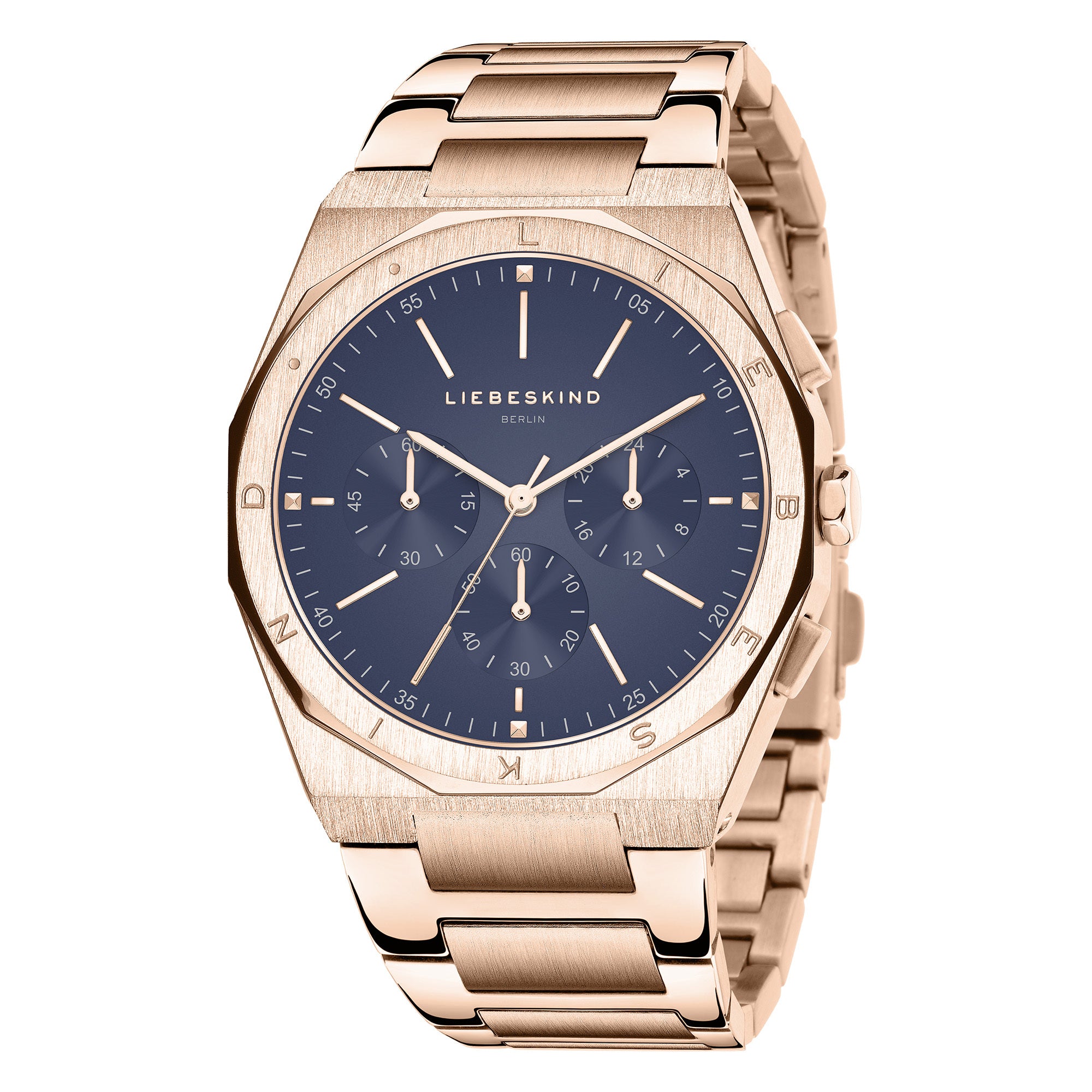 Liebeskind Berlin Armbanduhr mit lila Zifferblatt, roségoldenem Gehäuse, roségoldenem Edelstahlband und Chronographenwerk Produktbild
