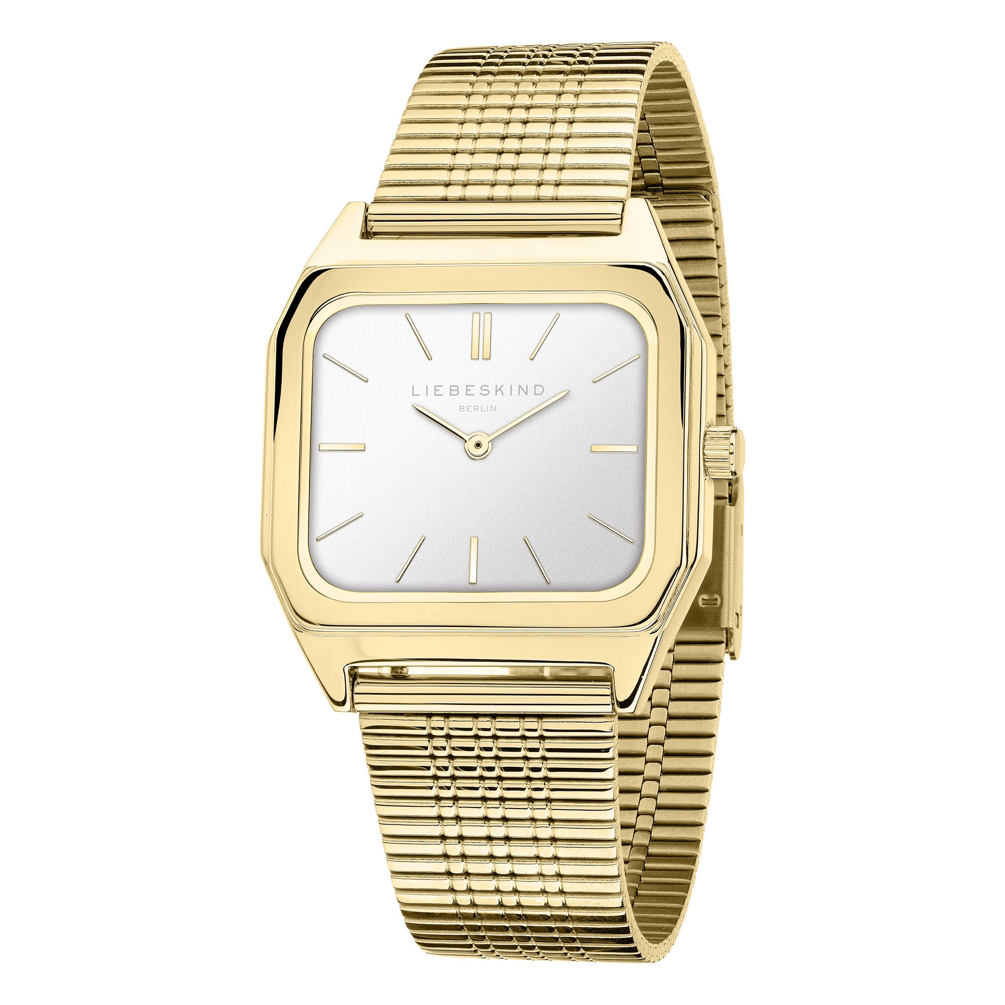 Die LIEBESKIND BERLIN Armbanduhr - Vintage Classic von Liebeskind Berlin besticht durch ein goldenes Gehäuse, silbernes Zifferblatt und Mesh-Armband im klassischen Stil - eine stilvolle Damenuhr.