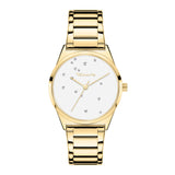 Die Tamaris Armbanduhr - The Modern Classic ist eine goldene Armbanduhr mit weißem Zifferblatt, Glasstein-Indizes und einem goldenen Edelstahlband im zeitlosen Stil von Tamaris.