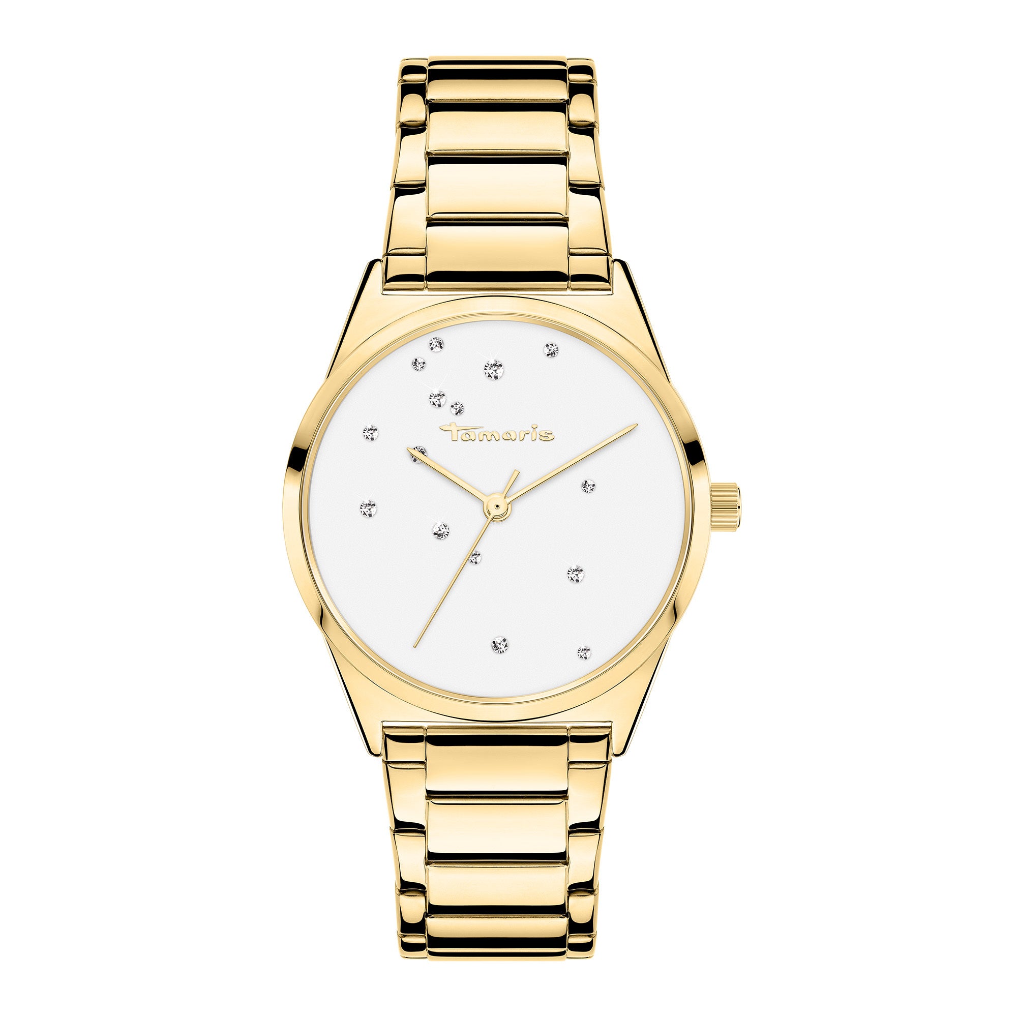 Tamaris Armbanduhr mit glassteinbesetztem Zifferblatt, goldenem Gehäuse und goldenem Edelstahlband Produktbild