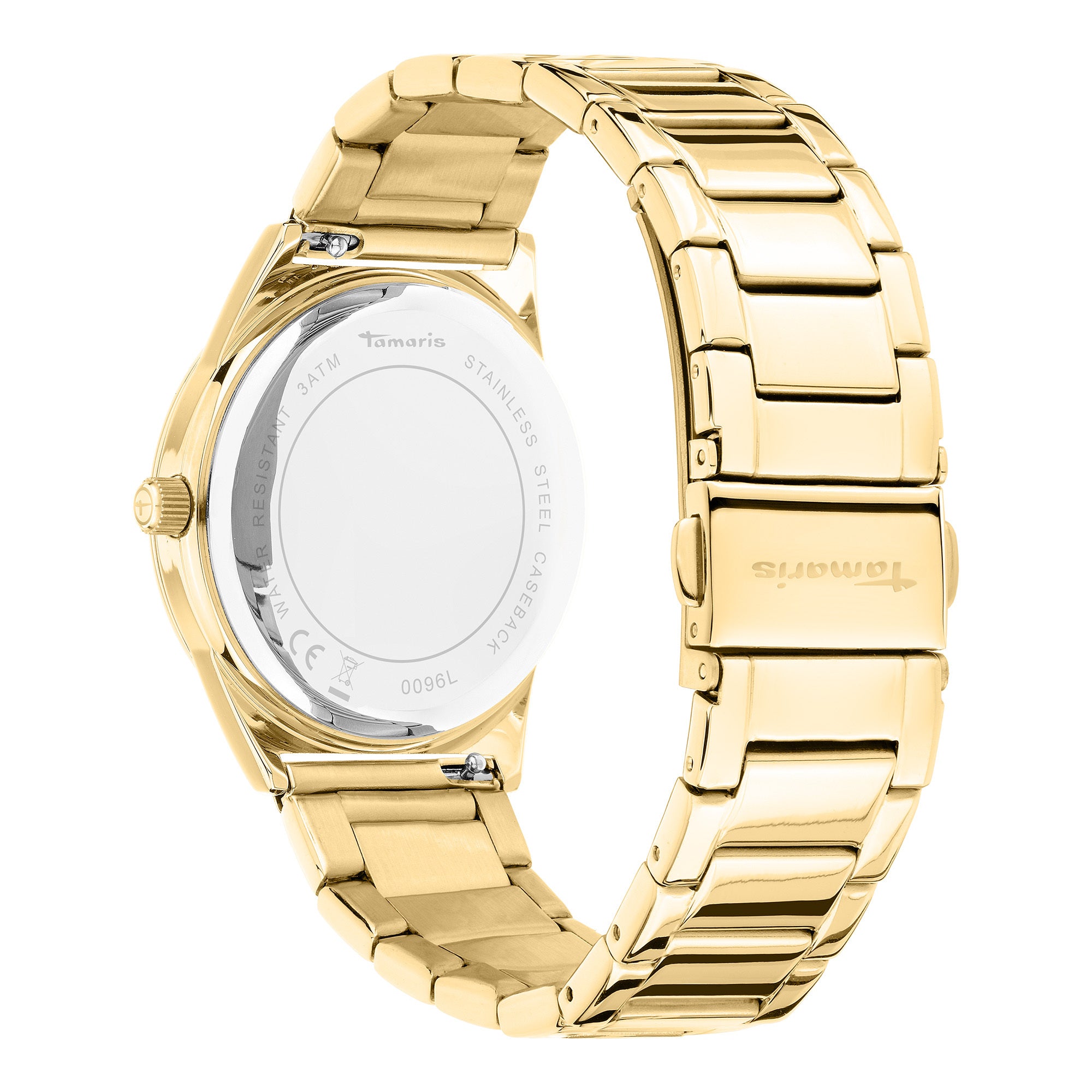Tamaris Armbanduhr mit glassteinbesetztem Zifferblatt, goldenem Gehäuse und goldenem Edelstahlband Rückansicht