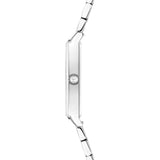 Tamaris Armbanduhr im Tonneau Shape mit silbernem Zifferblatt, flachem silbernem Gehäuse und silbernem Edelstahlband Seitenansicht