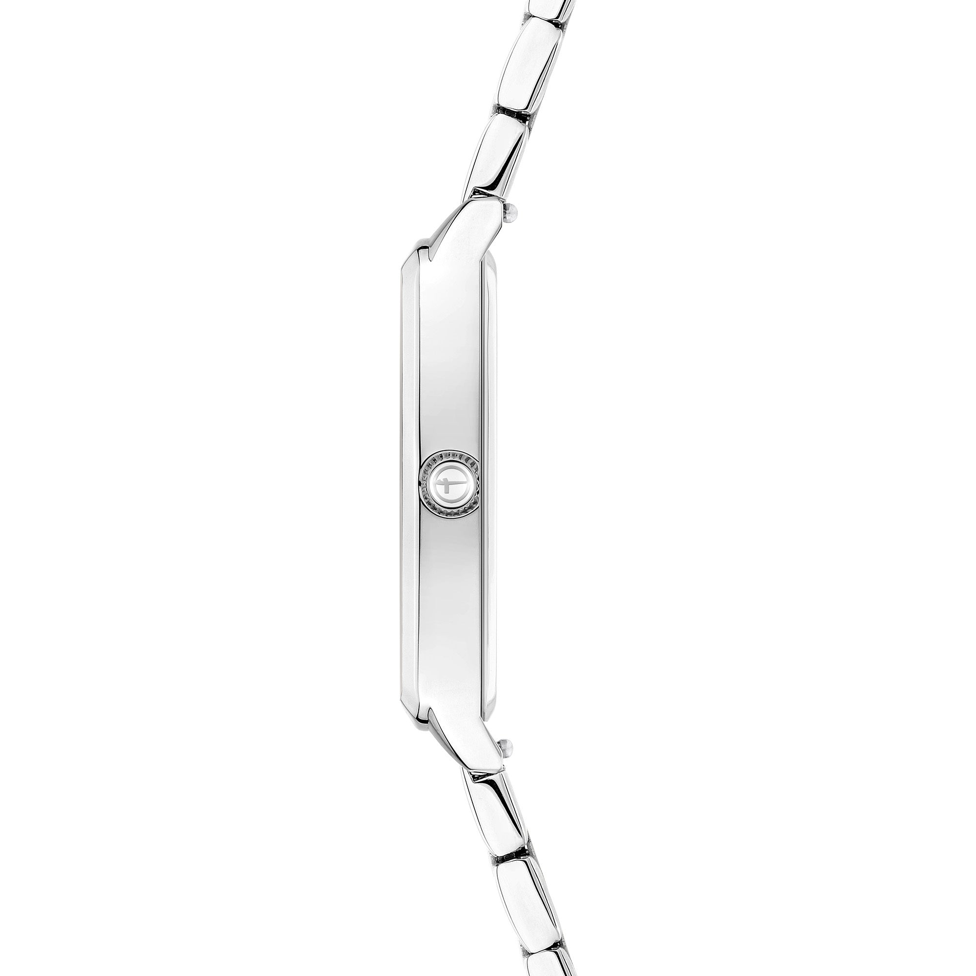 Tamaris Armbanduhr im Tonneau Shape mit silbernem Zifferblatt, flachem silbernem Gehäuse und silbernem Edelstahlband Seitenansicht