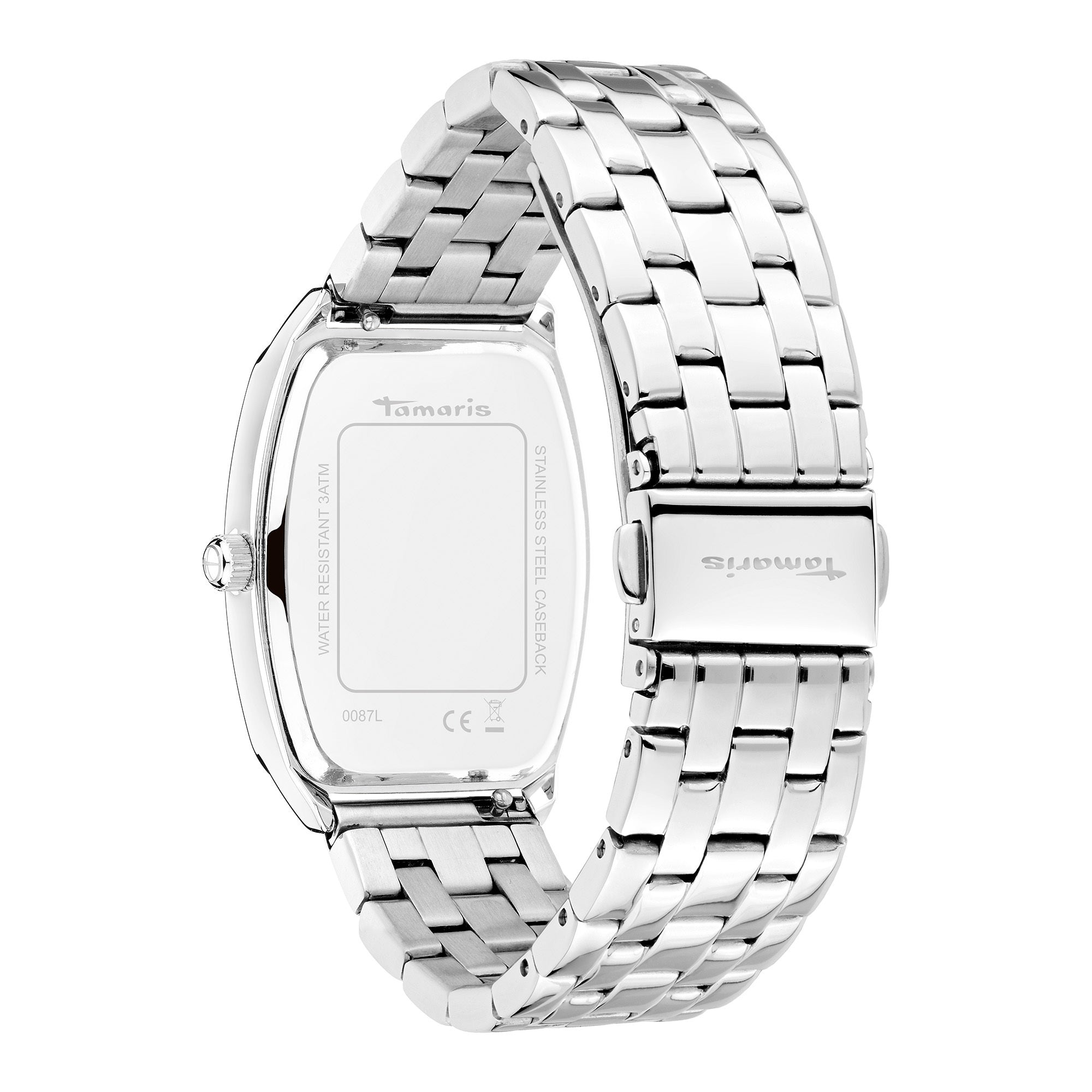 Tamaris Armbanduhr im Tonneau Shape mit silbernem Zifferblatt, flachem silbernem Gehäuse und silbernem Edelstahlband Rückansicht