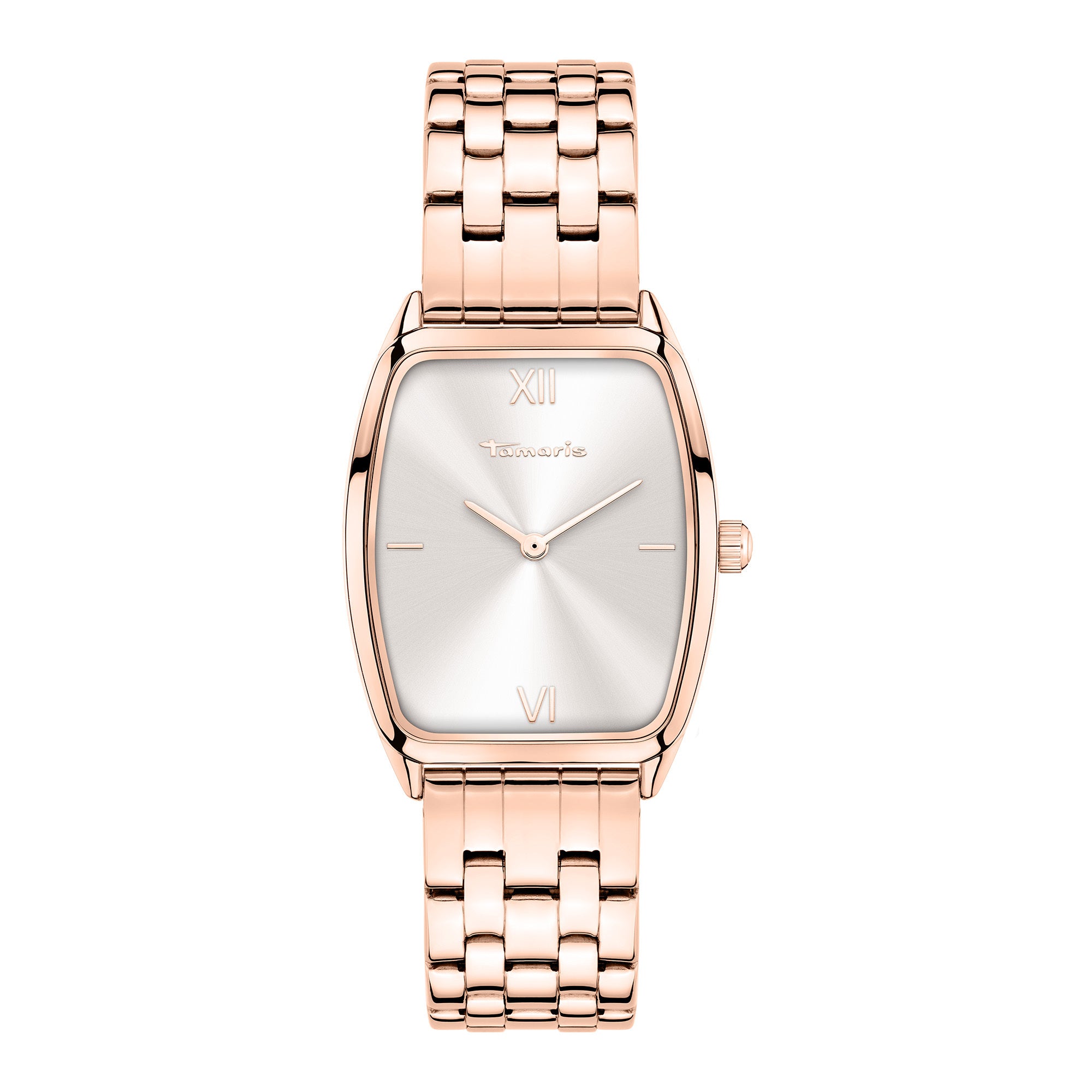 Tamaris Armbanduhr im Tonneau Shape mit silbernem Zifferblatt, flachem roségoldenem Gehäuse und roségoldenem Edelstahlband Produktbild