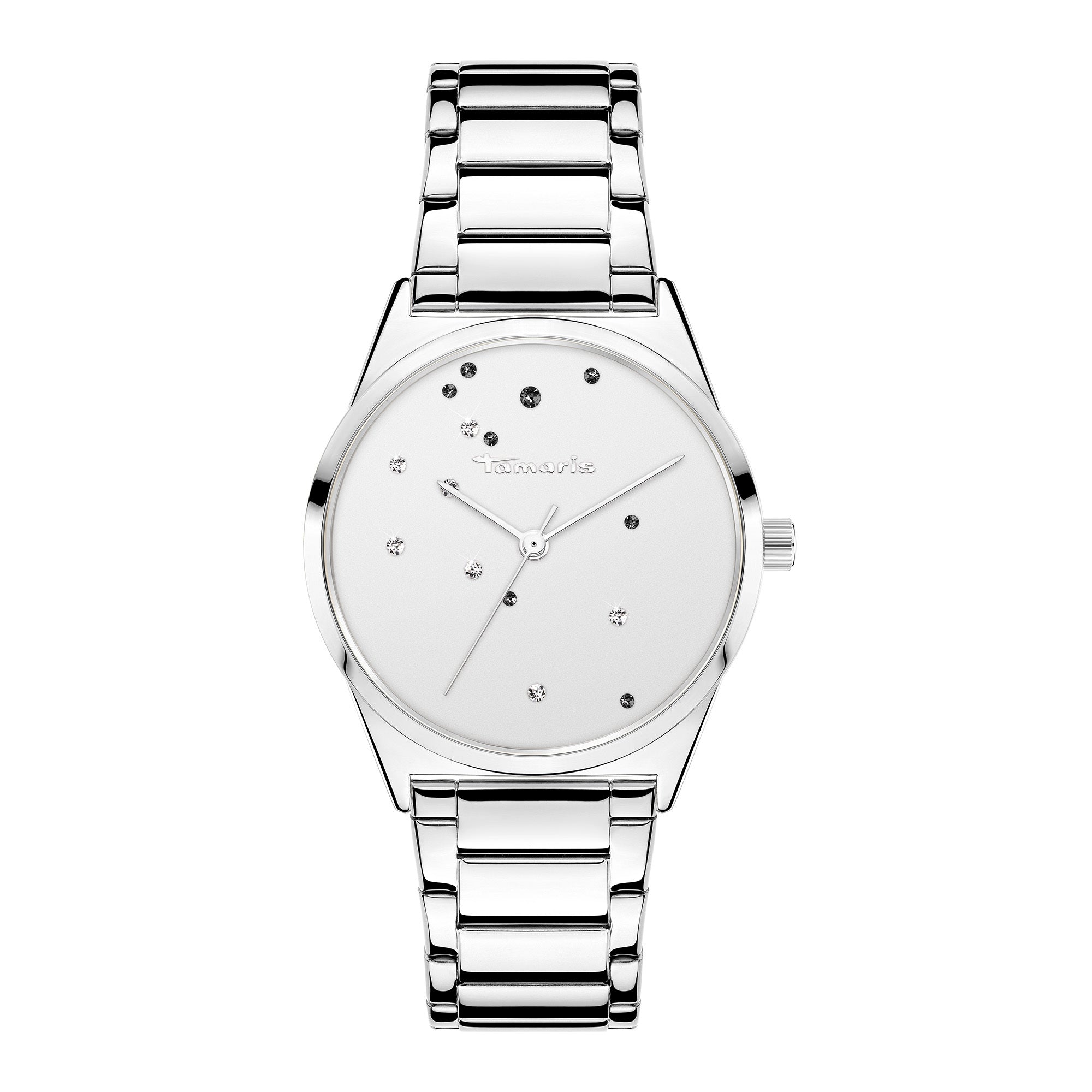 Tamaris Armbanduhr mit silbernem mit glassteinbesetztem Zifferblatt, silbernem Gehäuse und silbernem Edelstahlband Produktbild