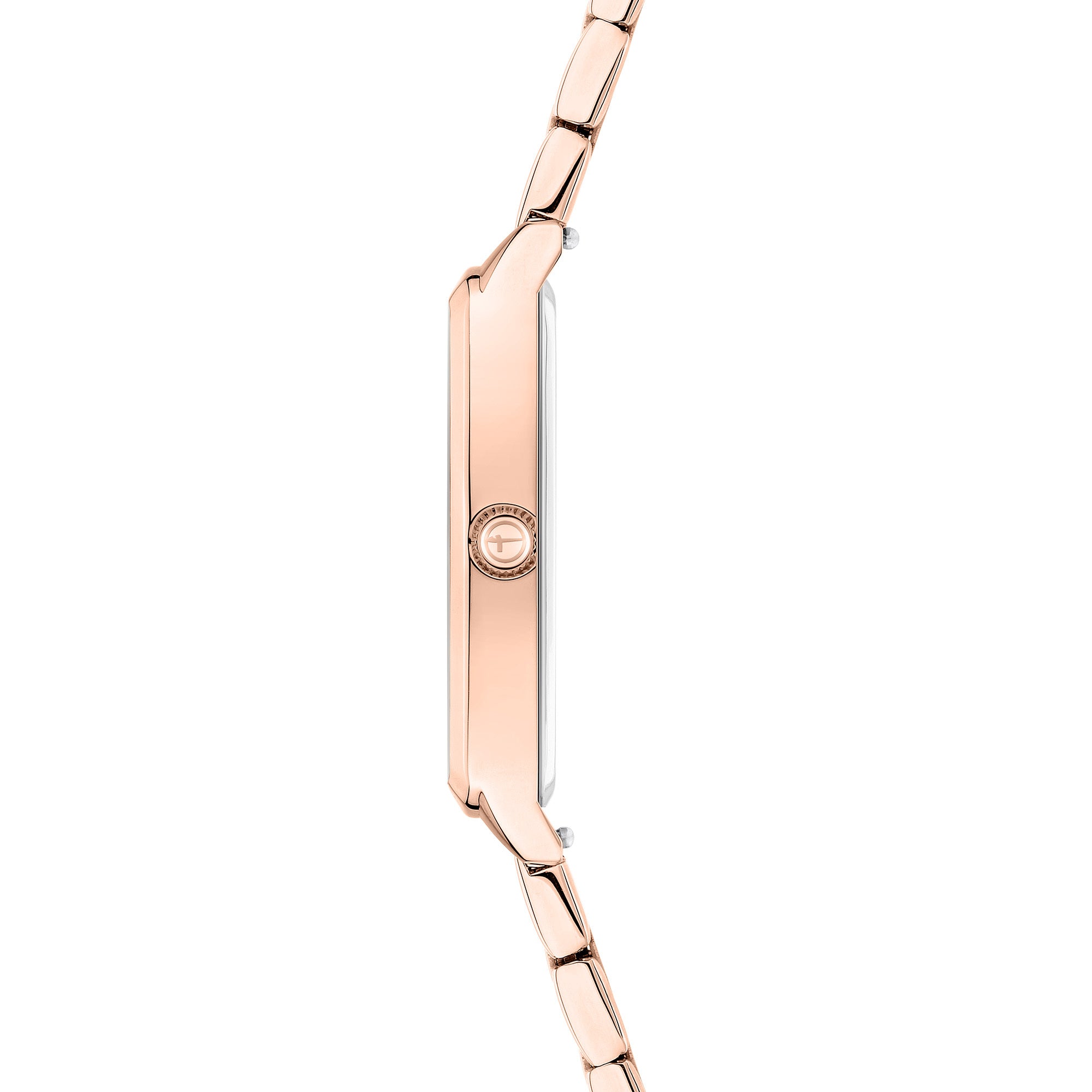 Tamaris Armbanduhr im Tonneau Shape mit silbernem Zifferblatt, flachem roségoldenem Gehäuse und roségoldenem Edelstahlband Seitenansicht