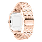 Tamaris Armbanduhr im Tonneau Shape mit silbernem Zifferblatt, flachem roségoldenem Gehäuse und roségoldenem Edelstahlband Rückansicht