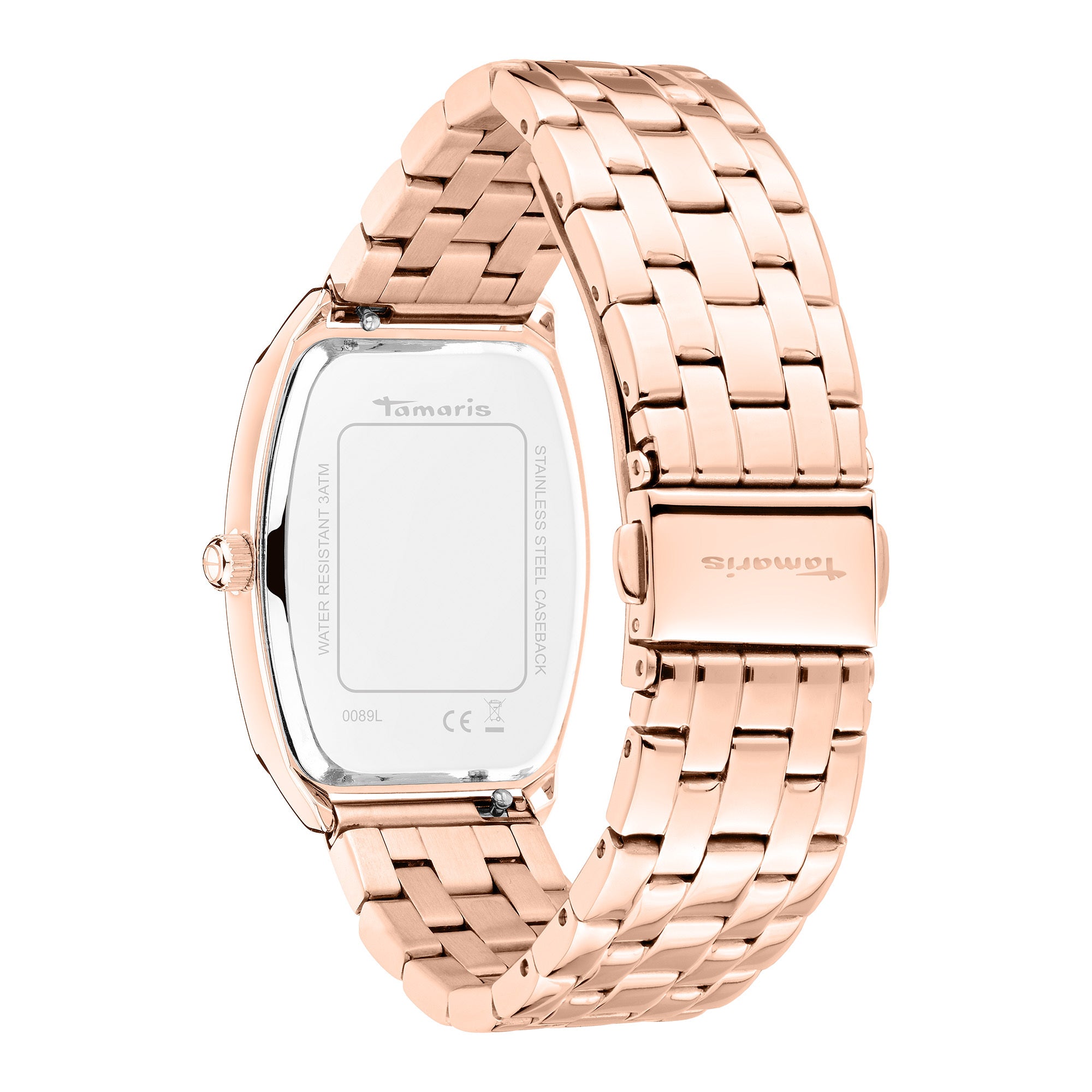 Tamaris Armbanduhr im Tonneau Shape mit silbernem Zifferblatt, flachem roségoldenem Gehäuse und roségoldenem Edelstahlband Rückansicht