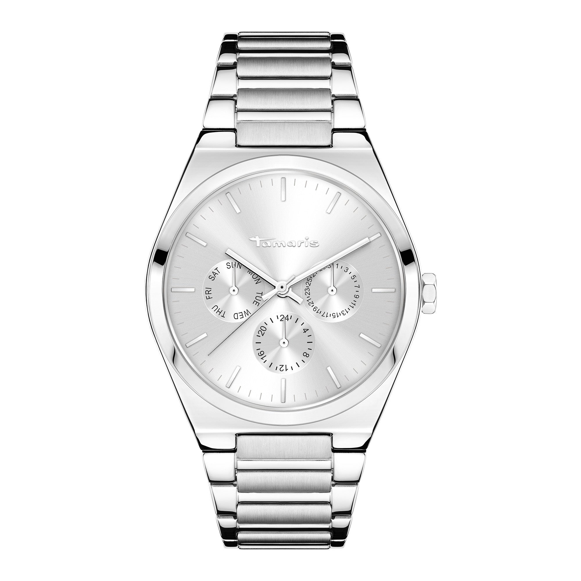 Die Tamaris Armbanduhr - The Vintage Classic von Tamaris bietet eine silberne Oberfläche, drei Hilfszifferblätter und ein poliertes Edelstahlarmband in einem eleganten, minimalistischen Design.