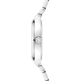 Seitenansicht der Tamaris Armbanduhr - The Vintage Classic, mit schlankem, silbernem Gehäuse und poliertem Edelstahlarmband - eine elegante Armbanduhr von Tamaris.