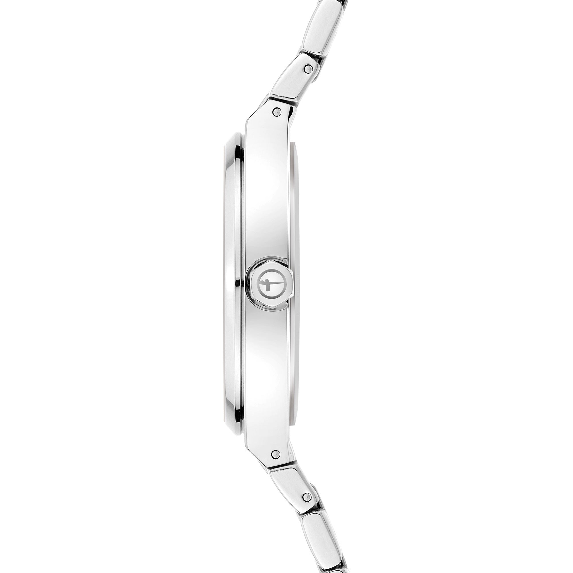Seitenansicht der Tamaris Armbanduhr - The Vintage Classic in Silber mit einem polierten Edelstahlarmband, das die Krone und das schlanke Profil hervorhebt.