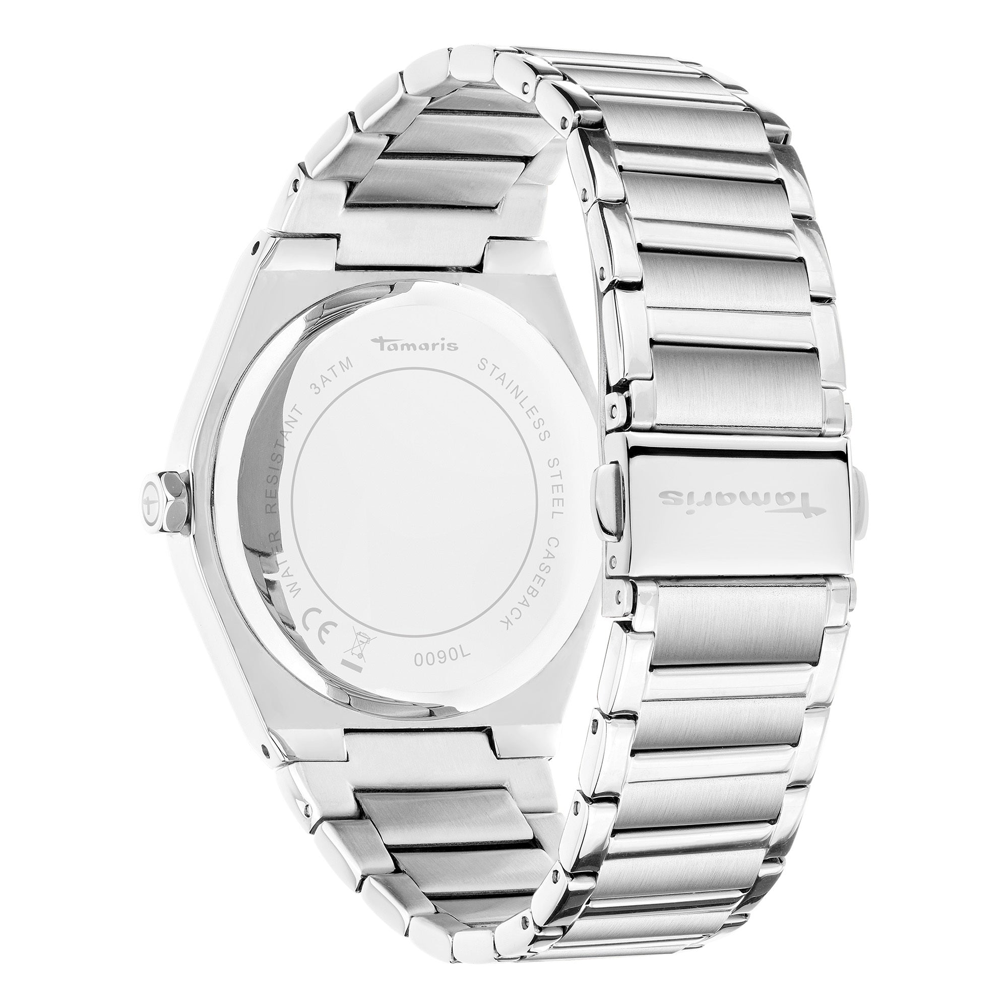 Die Tamaris Armbanduhr - The Vintage Classic verfügt über ein poliertes Edelstahlarmband, das von hinten gezeigt wird, um das detaillierte Gehäuse und die Schließe hervorzuheben.