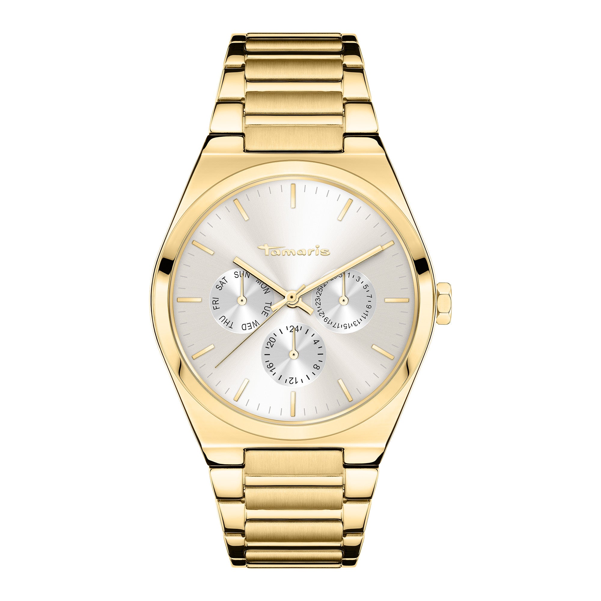 Tamaris Armbanduhr mit silbernem Zifferblatt, goldenem runden flachen Gehäuse mit Topring und goldenem Edelstahlband Produktbild
