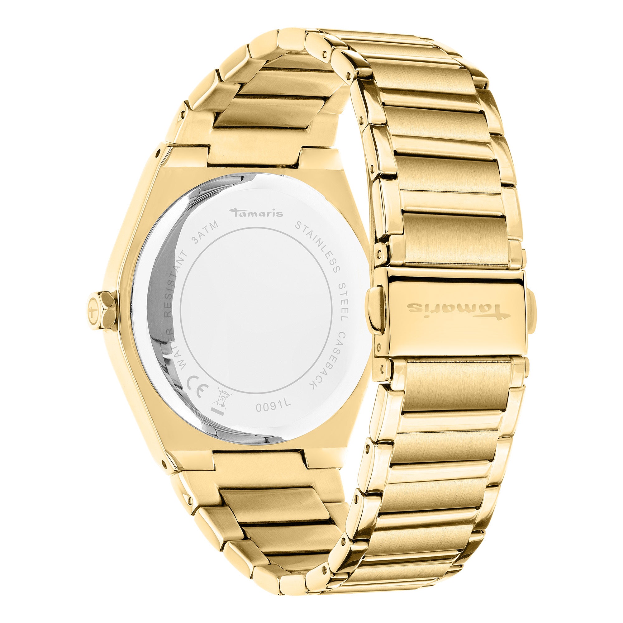 Die Tamaris Armbanduhr - The Vintage Classic ist eine goldene Uhr von Tamaris mit einem Gliederarmband aus Edelstahl, von hinten und von der Seite gesehen.
