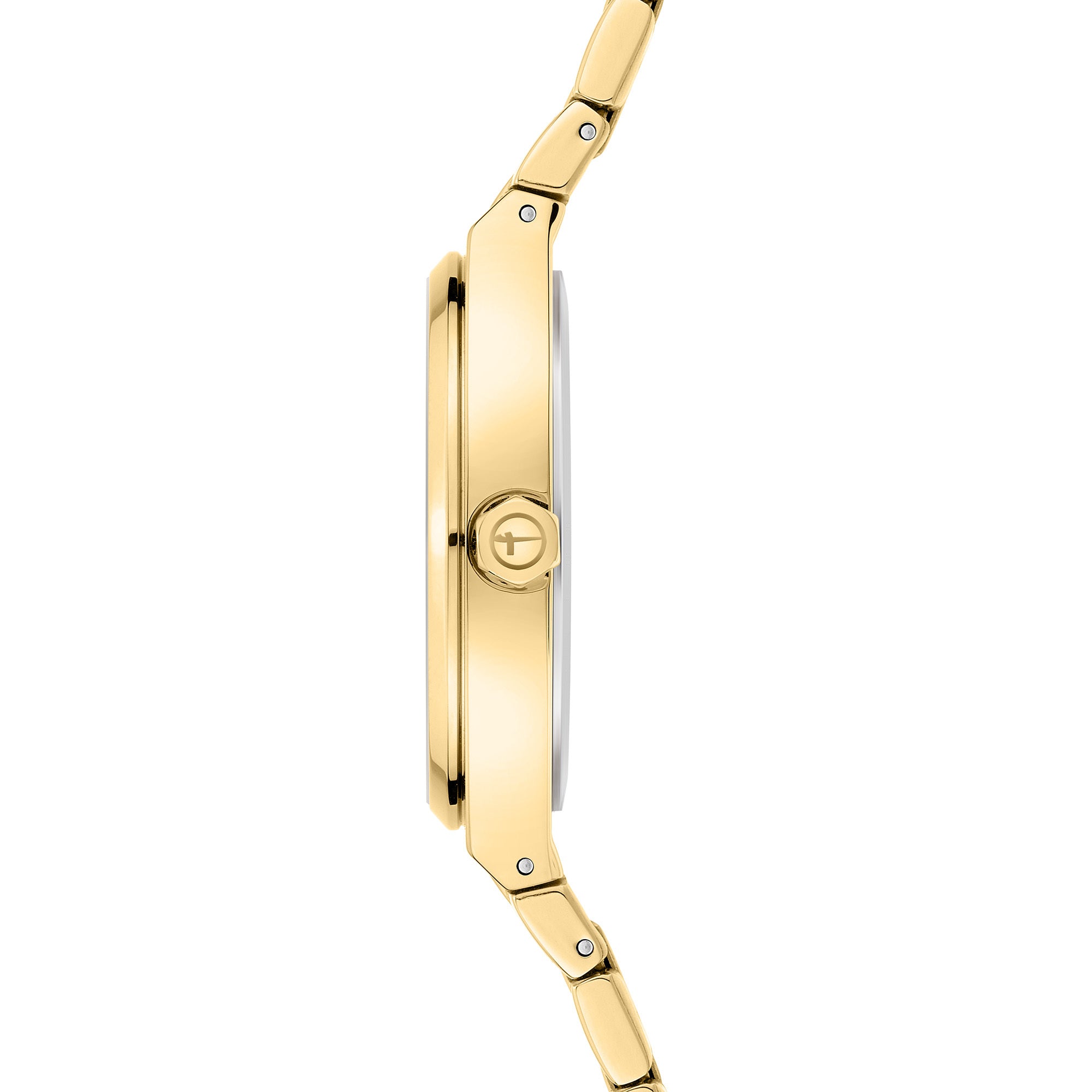 Tamaris Armbanduhr mit silbernem Zifferblatt, goldenem runden flachen Gehäuse mit Topring und goldenem Edelstahlband Seitenansicht