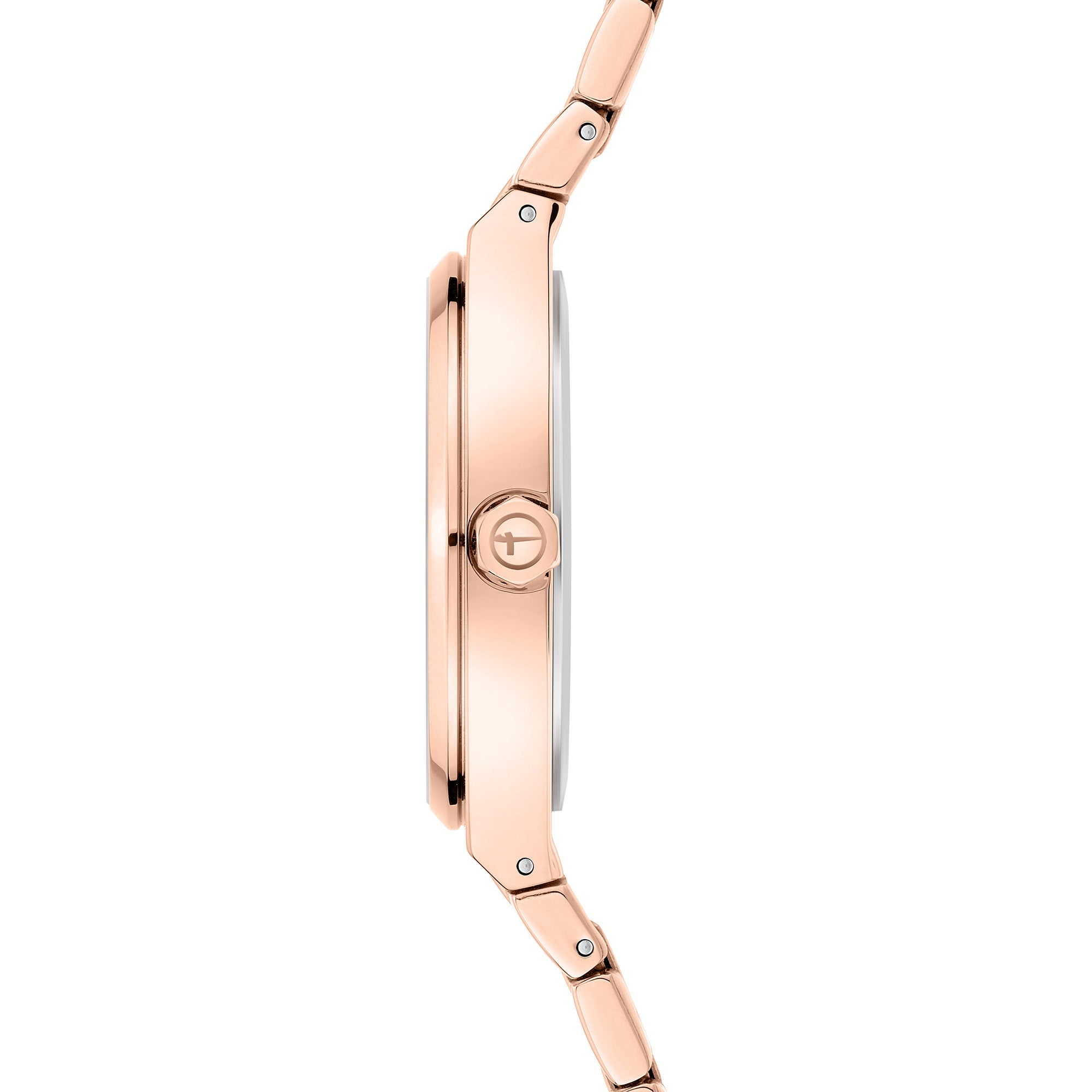 Seitenansicht der Tamaris Armbanduhr - The Vintage Classic, eine roségoldene Multifunktionsuhr mit schlankem Gehäuse und elegantem Edelstahlarmband.