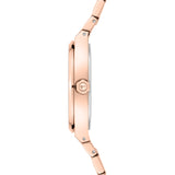 Tamaris Armbanduhr mit silbernem Zifferblatt, roségoldenem runden flachen Gehäuse mit Topring und roségoldenem Edelstahlband Seitenansicht