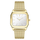 Liebeskind Berlin Armbanduhr mit silberem Zifferblatt, eckigem goldenem Gehäuse und strukturiertem goldenem Meshband Produktbild