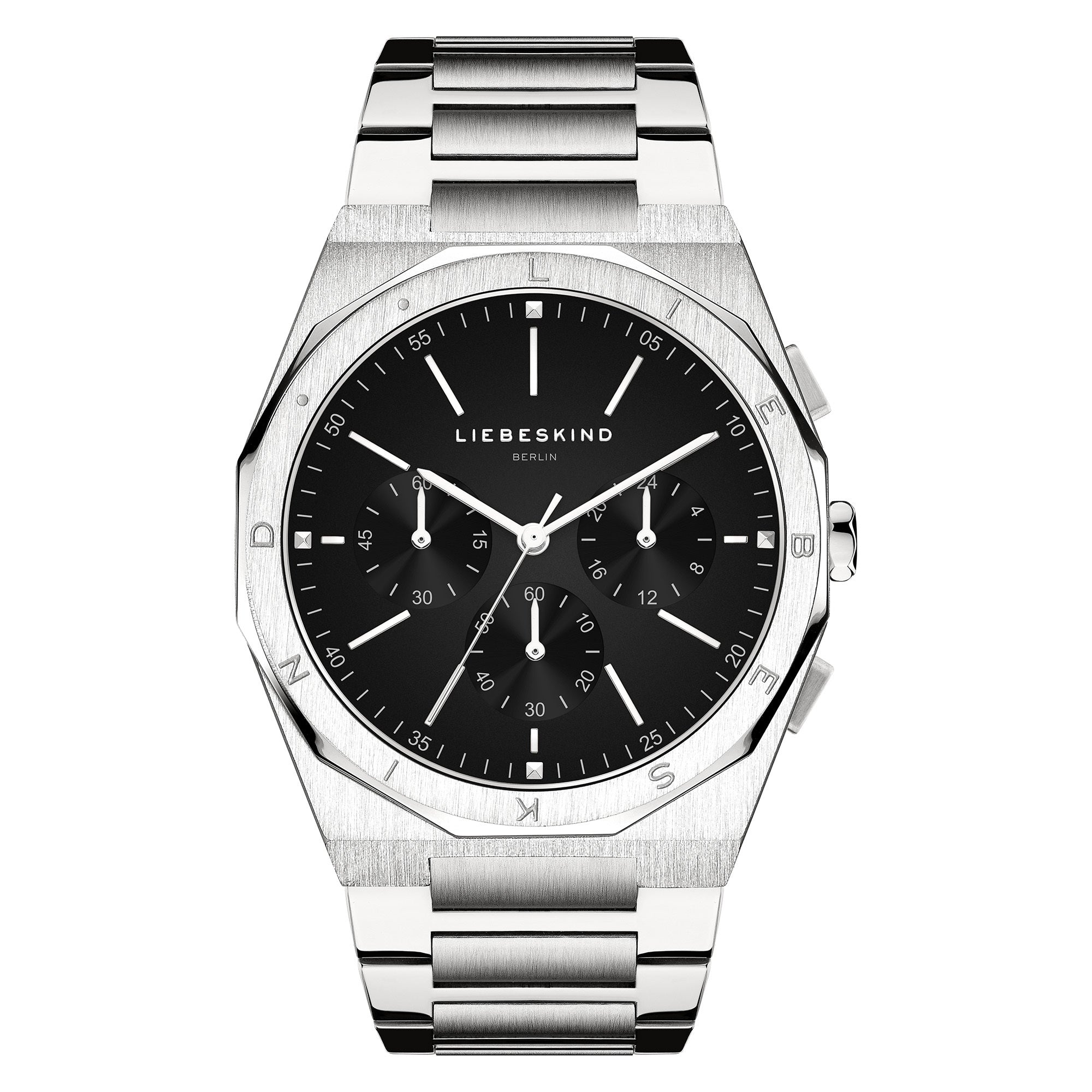Liebeskind Berlin Armbanduhr mit schwarzem Zifferblatt, silbernem Gehäuse mit Topring, silbernem Edelstahlband und Chronographenwerk Produktbild
