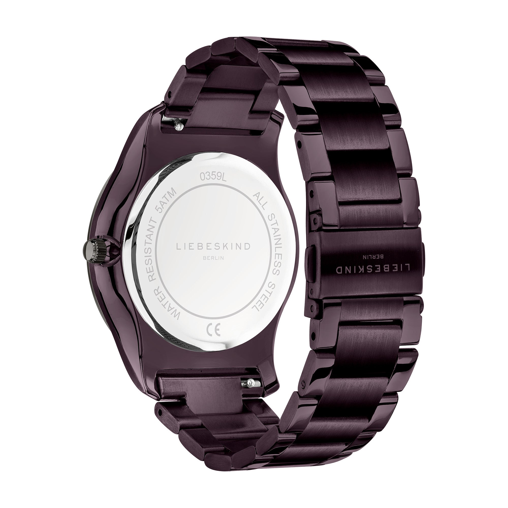 Liebeskind Berlin Armbanduhr mit lila Zifferblatt, lila Gehäuse mit Topring, lila Edelstahlband und Multifunktionswerk Rückansicht