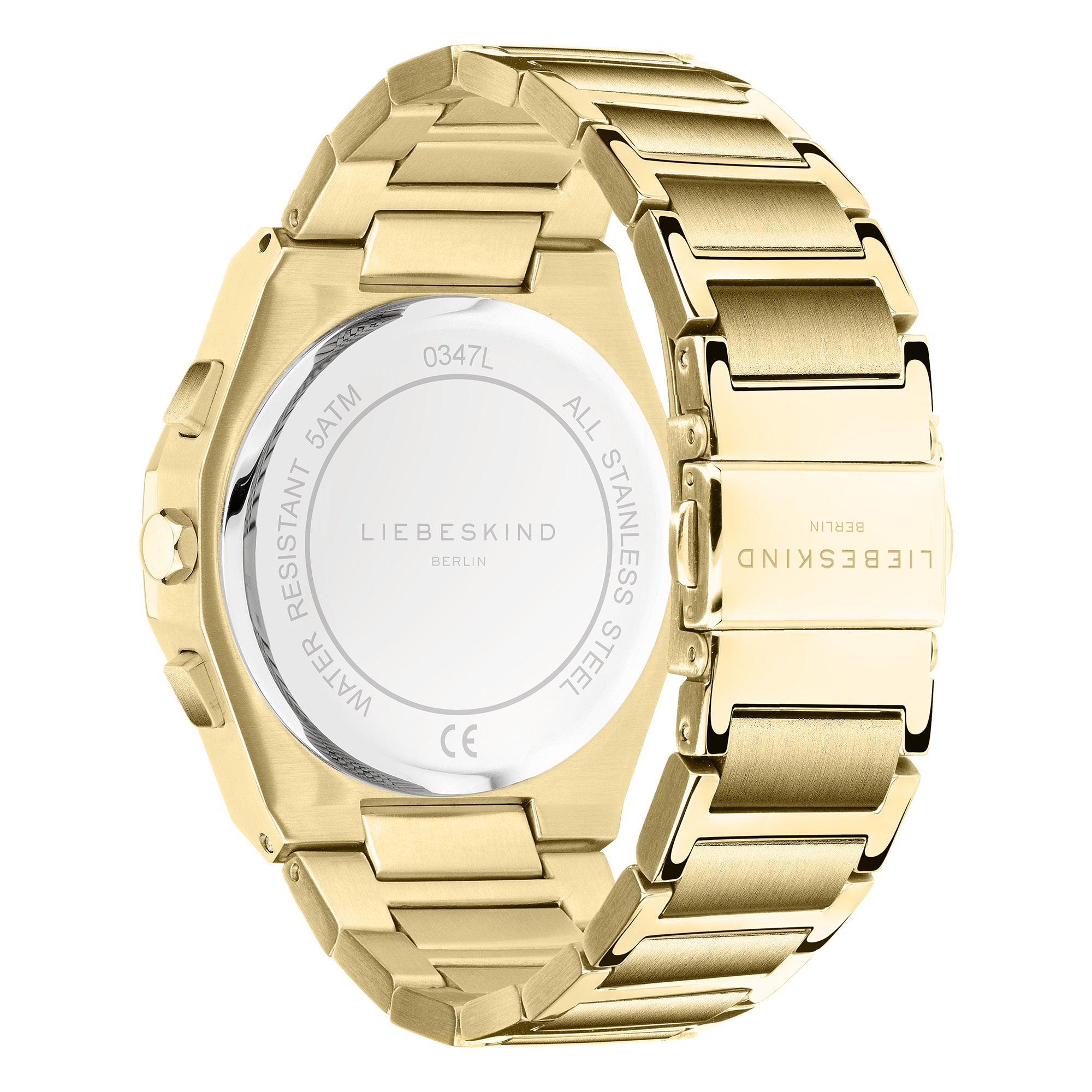 Liebeskind Berlin Armbanduhr mit goldenem Gehäuse mit Topring, goldenem Edelstahlband und Chronographenwerk Rückansicht