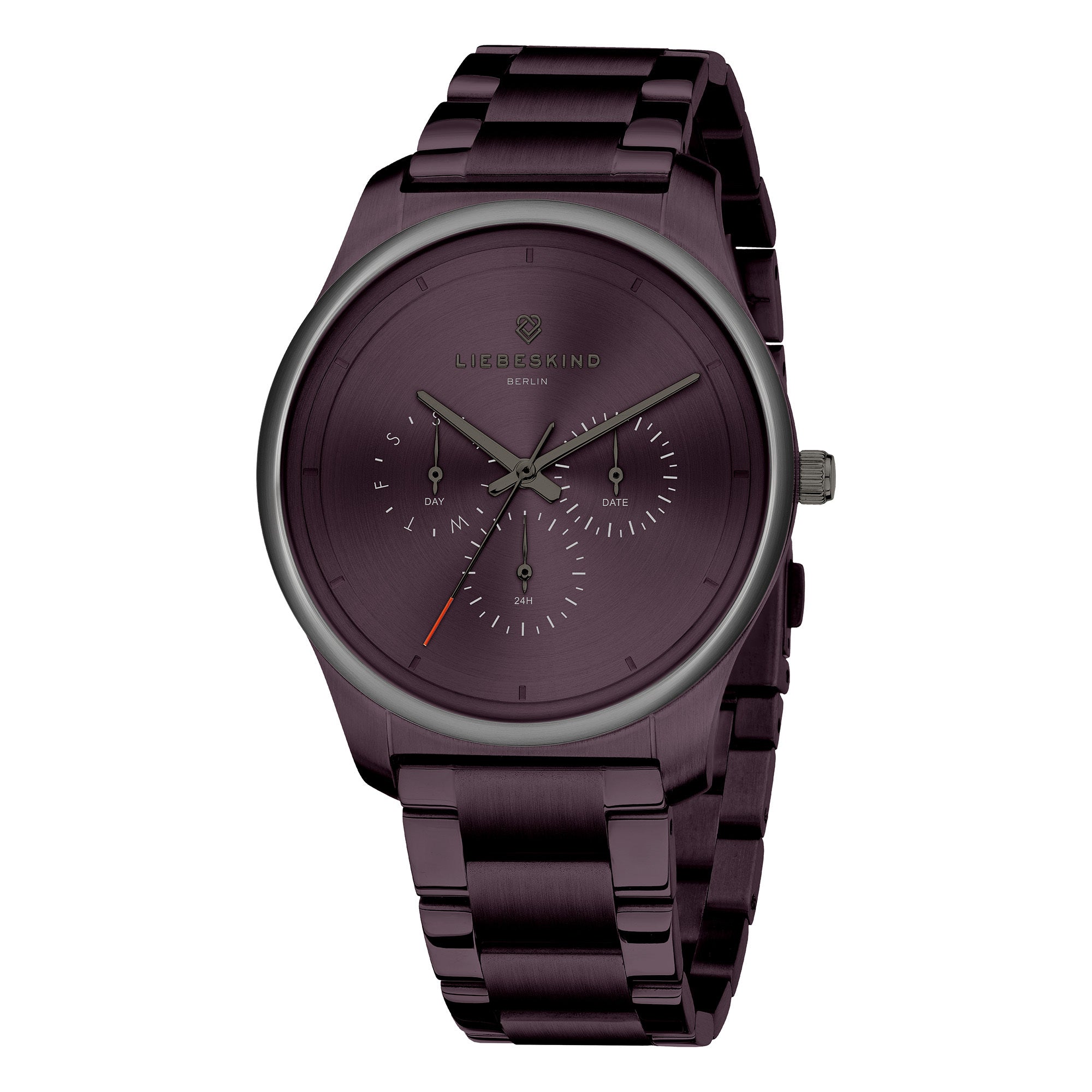 Liebeskind Berlin Armbanduhr mit lila Zifferblatt, lila Gehäuse mit Topring, lila Edelstahlband und Multifunktionswerk Produktbild