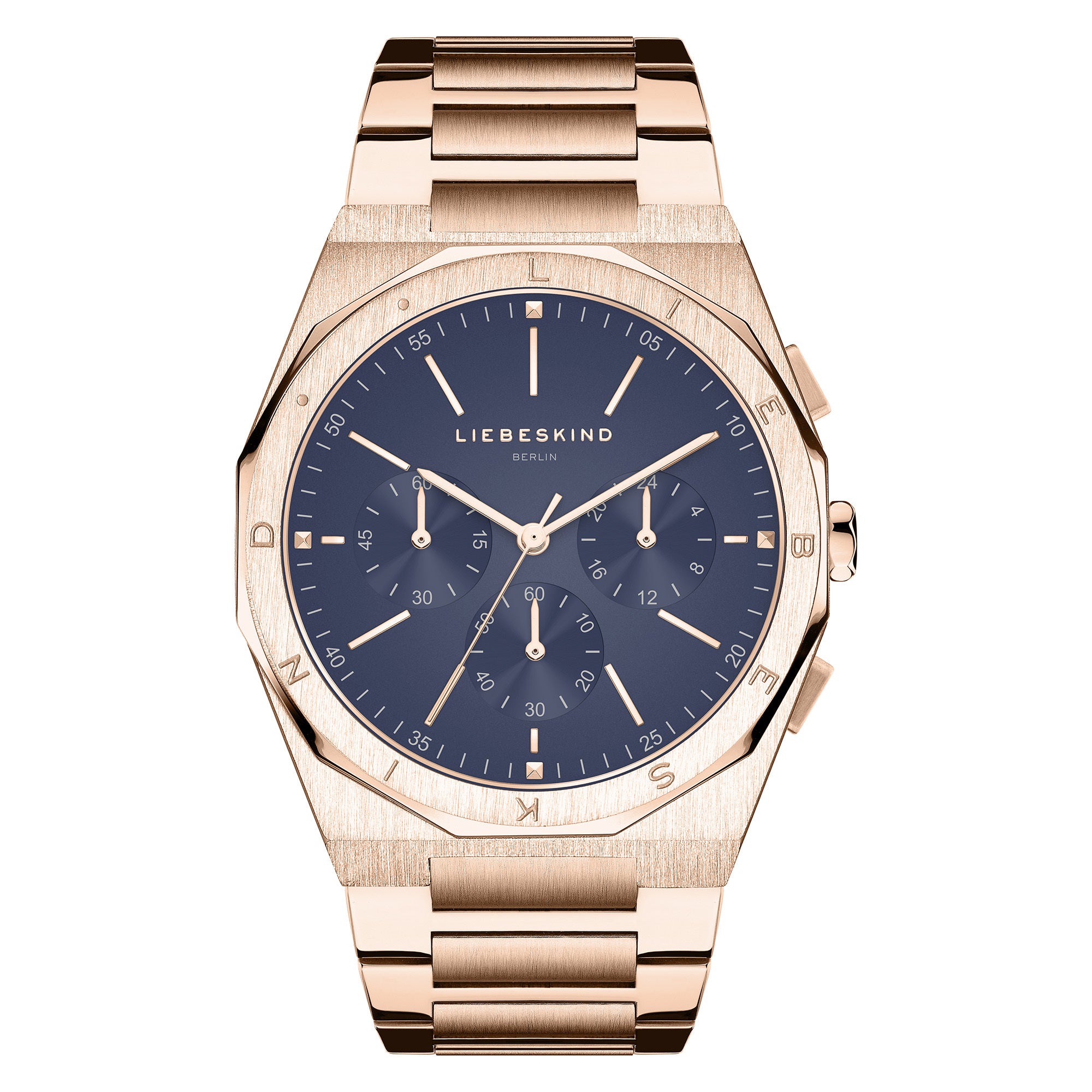Liebeskind Berlin Armbanduhr mit lila Zifferblatt, roségoldenem Gehäuse, roségoldenem Edelstahlband und Chronographenwerk Produktbild