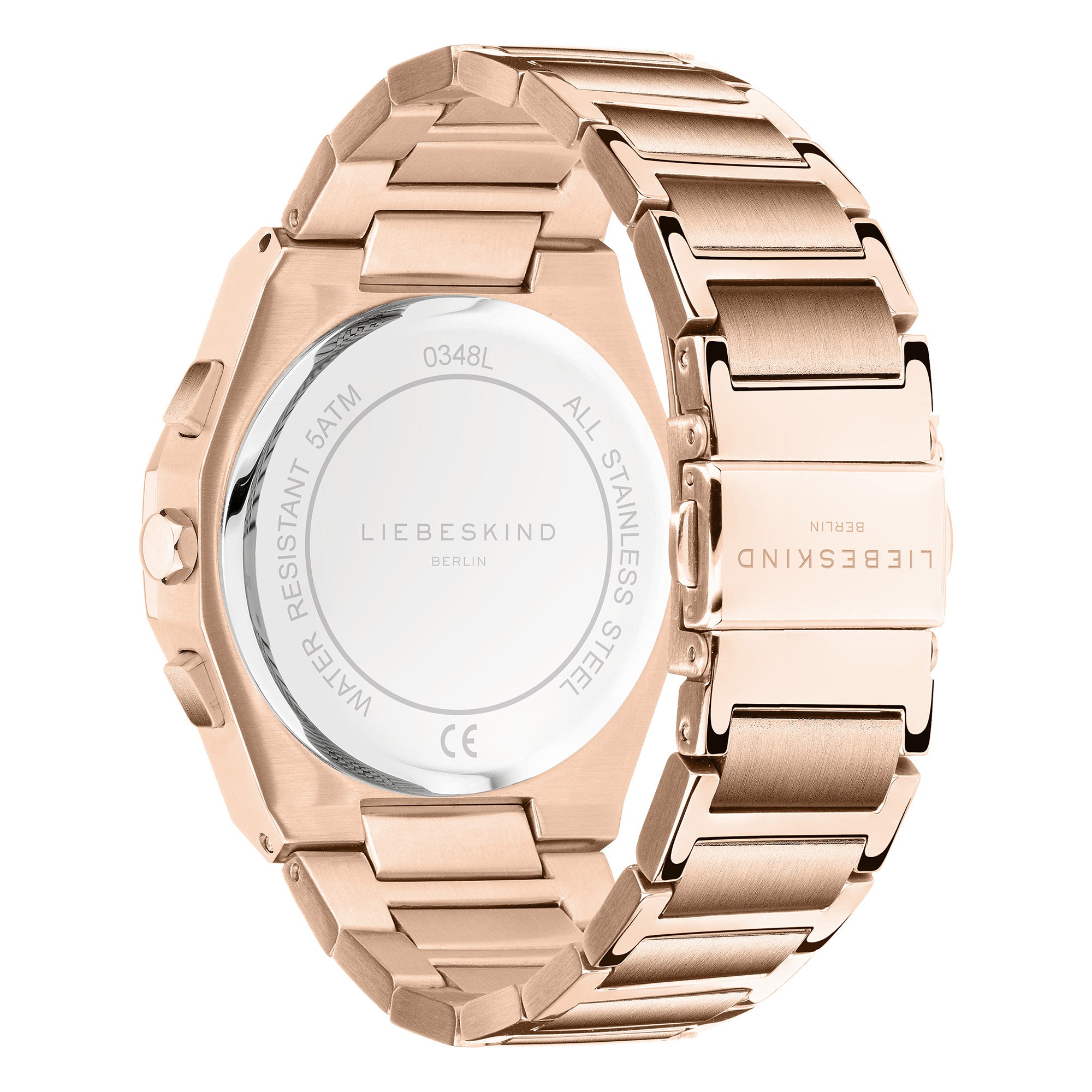 Liebeskind Berlin Armbanduhr mit lila Zifferblatt, roségoldenem Gehäuse, roségoldenem Edelstahlband und Chronographenwerk Rückansicht