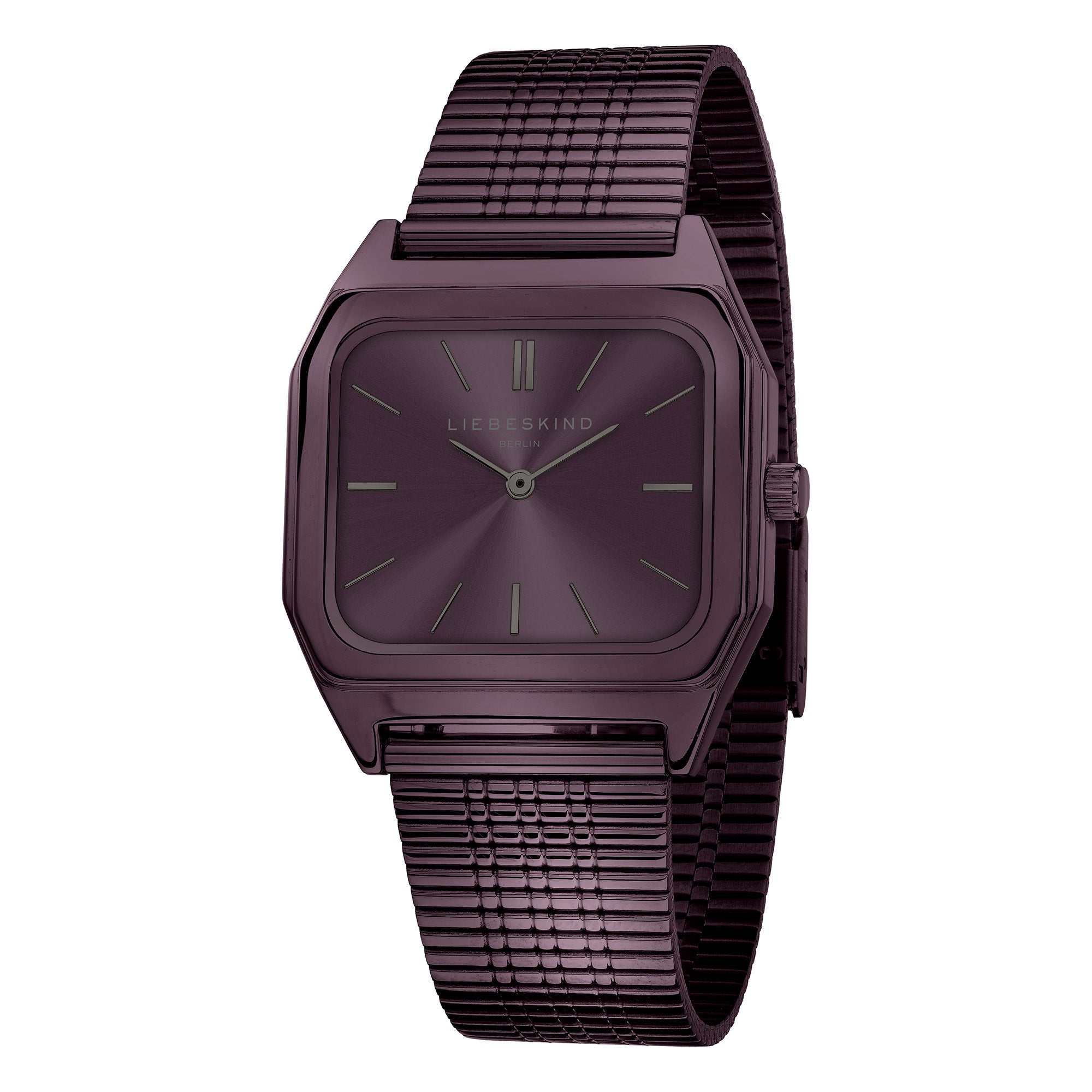 Die LIEBESKIND BERLIN Armbanduhr - Vintage Classic von Liebeskind Berlin hat ein quadratisches, lilafarbenes 34-mm-Gehäuse, einen minimalistischen Look und ein Armband aus Edelstahlgewebe.