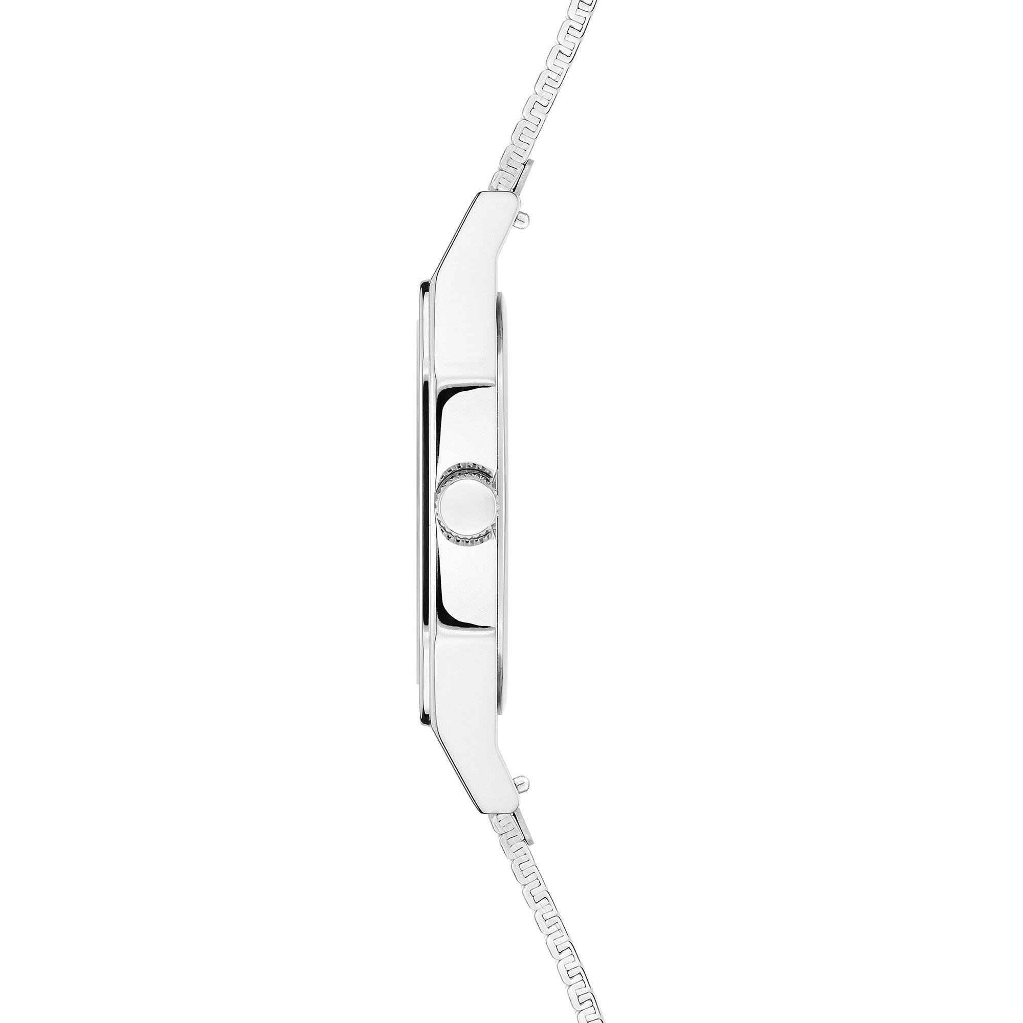 Liebeskind Berlin Armbanduhr mit silberem Zifferblatt, eckigem silbernem Gehäuse und strukturiertem silbernem Meshband Seitenansicht