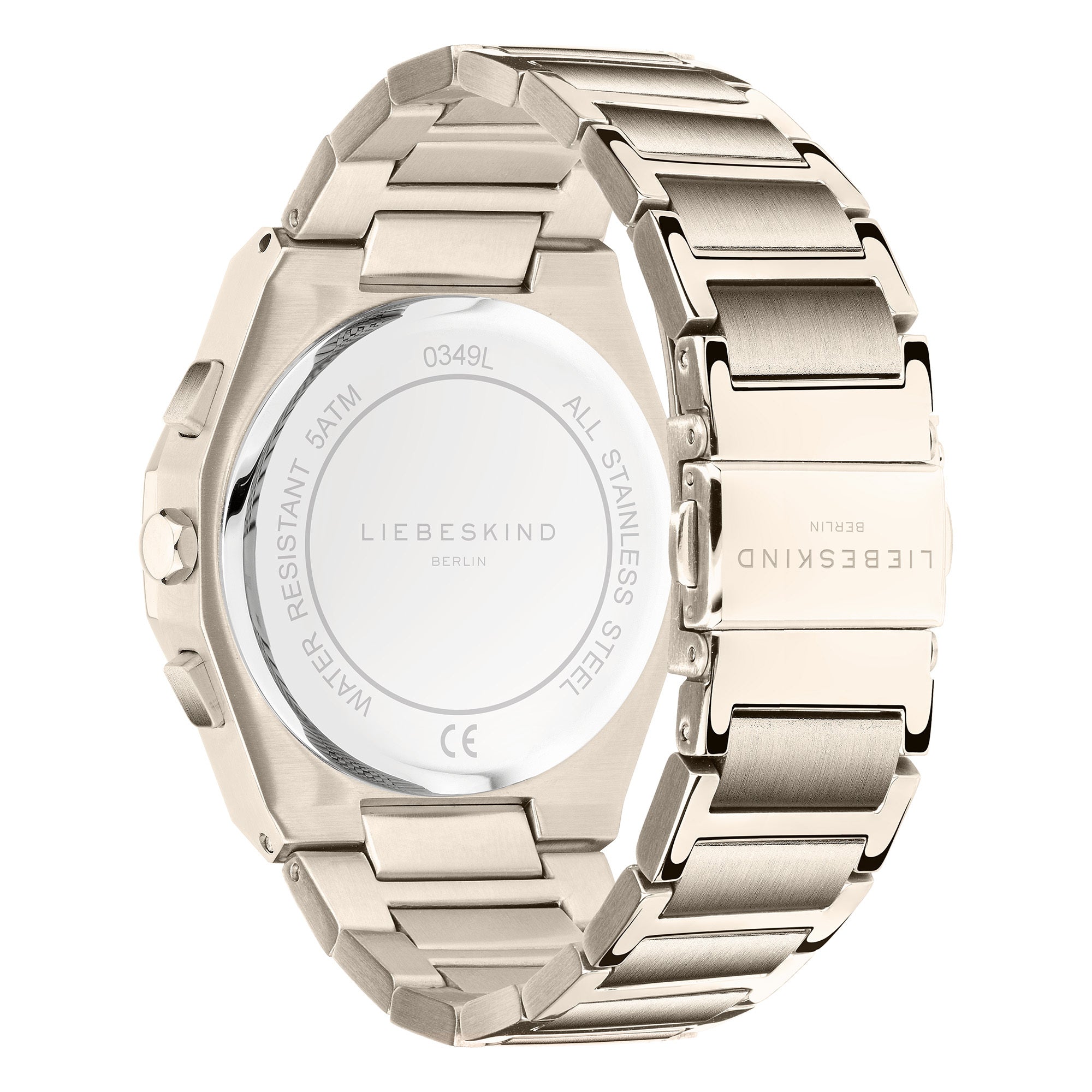 Rückansicht der LIEBESKIND BERLIN Armbanduhr - The Classic Chronograph, eine silberne Edelstahlarmbanduhr mit gravierten Details, Edelstahlgehäuse und passendem Edelstahlband.