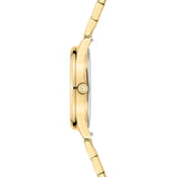 Tamaris Armbanduhr mit glassteinbesetztem Zifferblatt, goldenem Gehäuse und goldenem Edelstahlband Seitenansicht