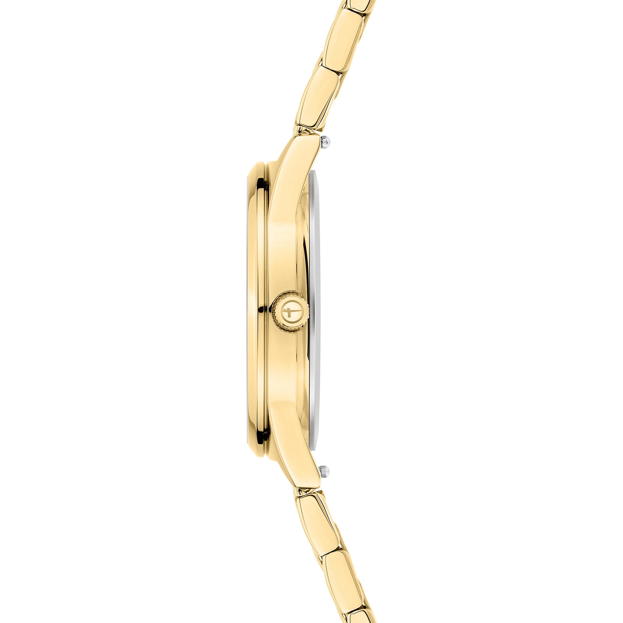 Tamaris Armbanduhr mit glassteinbesetztem Zifferblatt, goldenem Gehäuse und goldenem Edelstahlband Seitenansicht