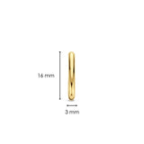 Die Ti Sento Milano Creole - Die klassische Creole von Ti Sento Milano ist mit Messpfeilen (16 mm Höhe, 3 mm Breite) auf weißem Hintergrund abgebildet und passt perfekt zu Ihren Goldringen.