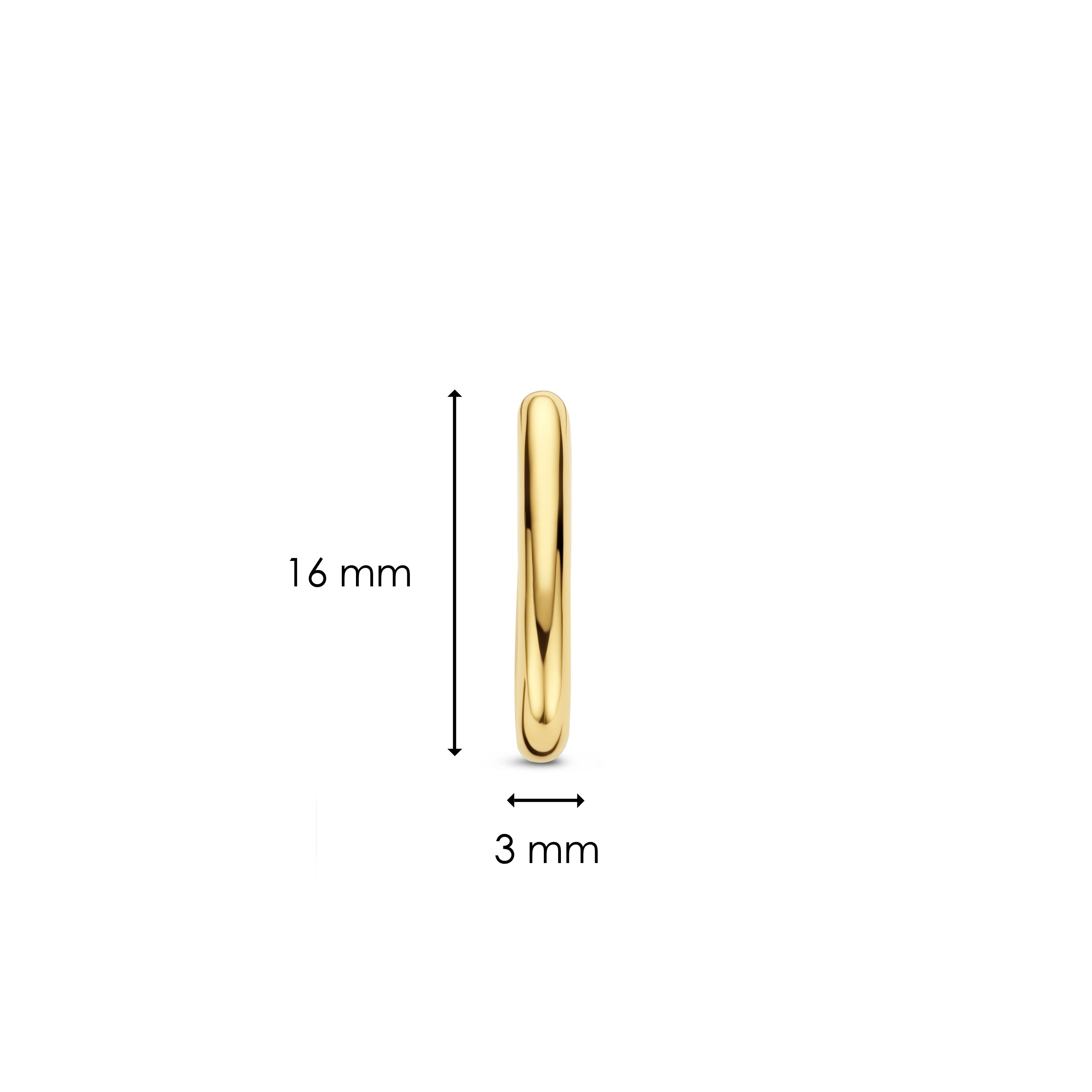 Die Ti Sento Milano Creole - Die klassische Creole von Ti Sento Milano ist mit Messpfeilen (16 mm Höhe, 3 mm Breite) auf weißem Hintergrund abgebildet und passt perfekt zu Ihren Goldringen.
