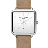 Liebeskind Berlin Armbanduhr mit silbernem Zifferblatt, Datumsanzeige, silbernem, quadratischem Gehäuse und beigem Lederband; Produktbild
