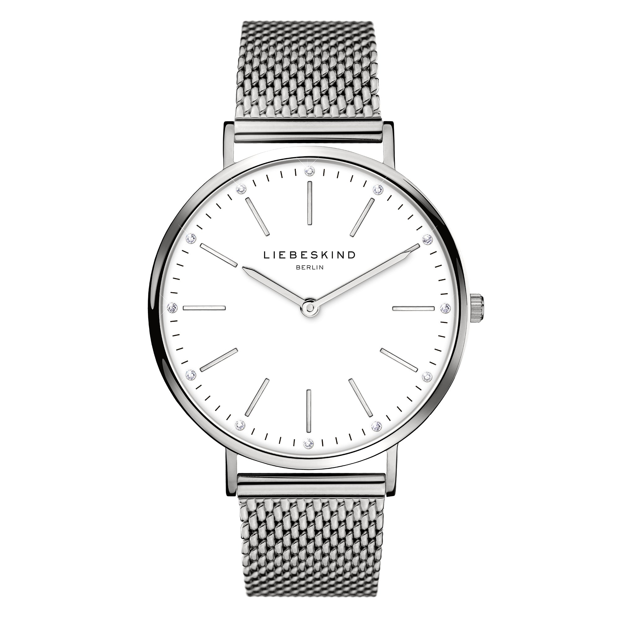 Liebeskind Berlin Armbanduhr mit Zirkoniadetails auf dem Zifferblatt, silbernen Indizes, silbernem Gehäuse und silbernem Meshband; Produktbild