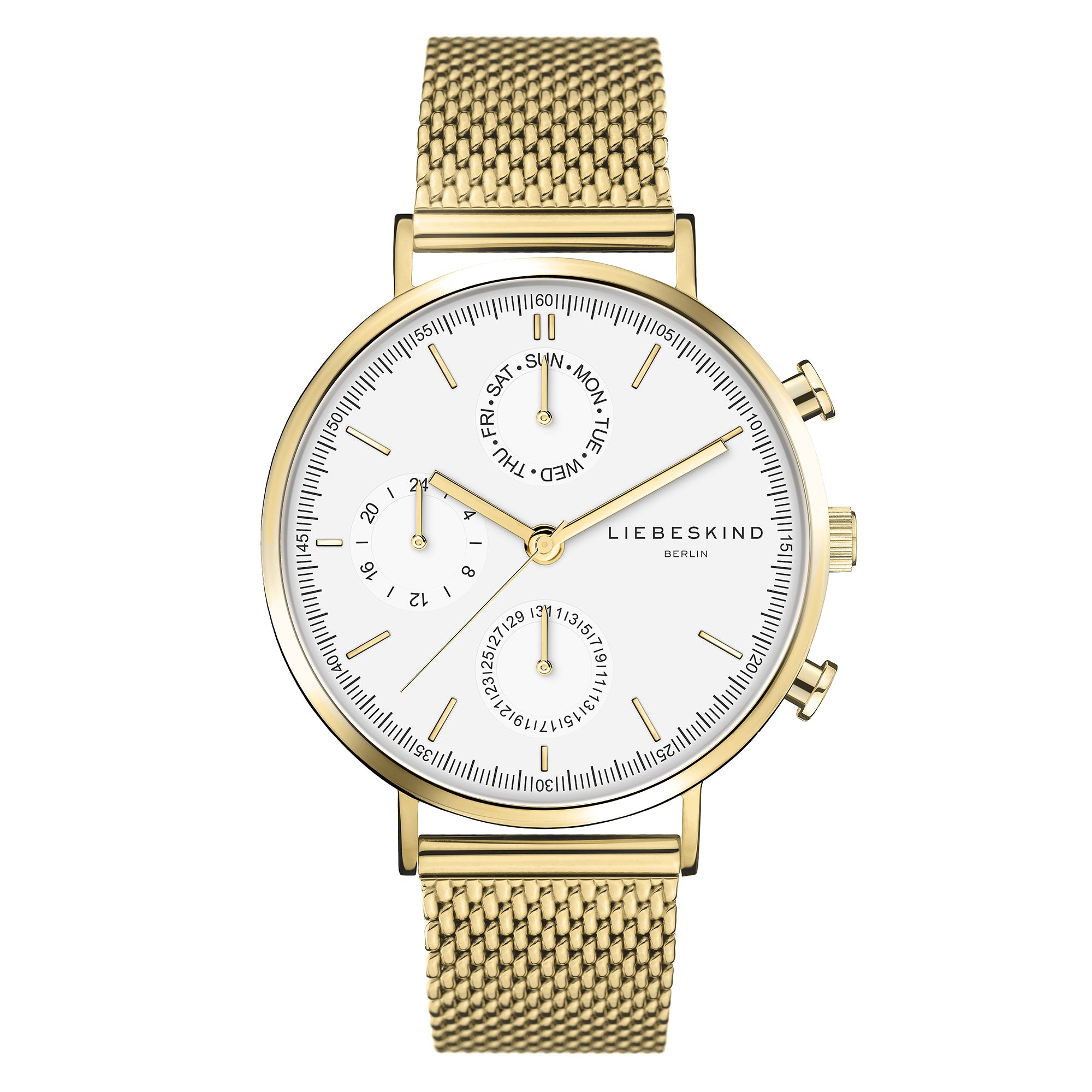 Liebeskind Berlin Armbanduhr mit Multifunktionswerk, goldenen Indizes, goldenem Gehäuse und goldenem Meshband; Produktbild