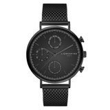 Liebeskind Berlin Armbanduhr mit Multifunktionswerk, schwarzem Zifferblatt, schwarzen Indizes, schwarzem Gehäuse und schwarzem Meshband; Produktbild