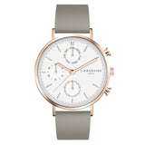Liebeskind Berlin Armbanduhr mit Multifunktionswerk, roségoldenen Indizes, roségoldenem Gehäuse und grauem Lederband; Produktbild