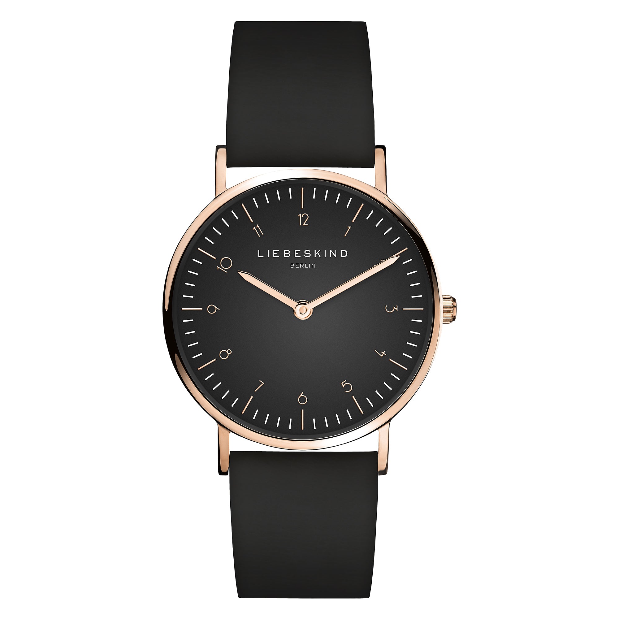 Liebeskind Berlin Armbanduhr im minimalistischen, skandinavischen Design mit schwarzem Zifferblatt, roségoldenem Gehäuse und schwarzem Lederband; Produktbild